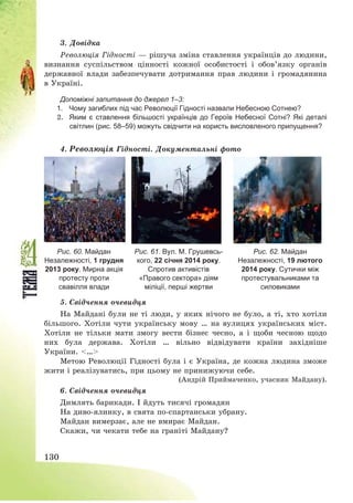 130
3. Довідка
Революція Гідності – рішуча зміна ставлення українців до людини,
визнання суспільством цінності кожної особистості і обов’язку органів
державної влади забезпечувати дотримання прав людини і громадянина
в Україні.
Допоміжні запитання до джерел 1–3:
1. Чому загиблих під час Революції Гідності назвали Небесною Сотнею?
2. Яким є ставлення більшості українців до Героїв Небесної Сотні? Які деталі
світлин (рис. 58–59) можуть свідчити на користь висловленого припущення?
4. Революція Гідності. Документальні фото
Рис. 60. Майдан
Незалежності, 1 грудня
2013 року. Мирна акція
протесту проти
свавілля влади
Рис. 61. Вул. М. Грушевсь-
кого, 22 січня 2014 року.
Спротив активістів
«Правого сектора» діям
міліції, перші жертви
Рис. 62. Майдан
Незалежності, 19 лютого
2014 року. Сутички між
протестувальниками та
силовиками
5. Свідчення очевидця
На Майдані були не ті люди, у яких нічого не було, а ті, хто хотіли
більшого. Хотіли чути українську мову … на вулицях українських міст.
Хотіли не тільки мати змогу вести бізнес чесно, а і щоби чесною щодо
них була держава. Хотіли … вільно відвідувати країни західніше
України. <…>
Метою Революції Гідності була і є Україна, де кожна людина зможе
жити і реалізуватись, при цьому не принижуючи себе.
(Андрій Приймаченко, учасник Майдану).
6. Свідчення очевидця
Димлять барикади. І йдуть тисячі громадян
На диво-ялинку, в свята по-спартанськи убрану.
Майдан вимерзає, але не вмирає Майдан.
Скажи, чи чекати тебе на граніті Майдану?
 