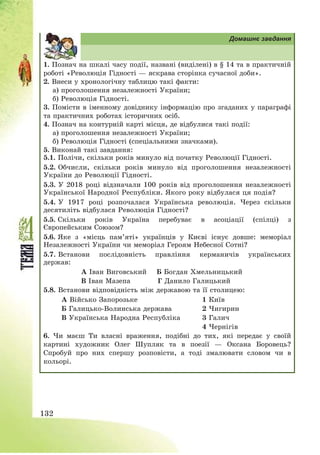 132
Домашнє завдання
1. Познач на шкалі часу події, названі (виділені) в § 14 та в практичній
роботі «Революція Гідності – яскрава сторінка сучасної доби».
2. Внеси у хронологічну таблицю такі факти:
а) проголошення незалежності України;
б) Революція Гідності.
3. Помісти в іменному довіднику інформацію про згаданих у параграфі
та практичних роботах історичних осіб.
4. Познач на контурній карті місця, де відбулися такі події:
а) проголошення незалежності України;
б) Революція Гідності (спеціальними значками).
5. Виконай такі завдання:
5.1. Полічи, скільки років минуло від початку Революції Гідності.
5.2. Обчисли, скільки років минуло від проголошення незалежності
України до Революції Гідності.
5.3. У 2018 році відзначали 100 років від проголошення незалежності
Української Народної Республіки. Якого року відбулася ця подія?
5.4. У 1917 році розпочалася Українська революція. Через скільки
десятиліть відбулася Революція Гідності?
5.5. Скільки років Україна перебуває в асоціації (спілці) з
Європейським Союзом?
5.6. Яке з «місць пам’яті» українців у Києві існує довше: меморіал
Незалежності України чи меморіал Героям Небесної Сотні?
5.7. Встанови послідовність правління керманичів українських
держав:
А Іван Виговський Б Богдан Хмельницький
В Іван Мазепа Г Данило Галицький
5.8. Встанови відповідність між державою та її столицею:
А Військо Запорозьке 1 Київ
Б Галицько-Волинська держава 2 Чигирин
В Українська Народна Республіка 3 Галич
4 Чернігів
6. Чи маєш Ти власні враження, подібні до тих, які передає у своїй
картині художник Олег Шупляк та в поезії – Оксана Боровець?
Спробуй про них спершу розповісти, а тоді змалювати словом чи в
кольорі.
 