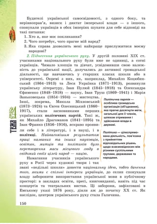 150
Будителі української самосвідомості, з одного боку, та
нерівноправ’я, визиск і диктат імперської влади – з іншого,
спонукали українців в обох імперіях шукати для себе відповіді на
такі питання:
1. Хто я, яке моє покликання?
2. Чого потребує, чого прагне мій народ?
3. Яка справа дозволить мені найкраще прислужитися моєму
народові?
2. Піднесення українського руху. У другій половині ХІХ ст.
учасниками національного руху були вже не одиниці, а сотні
українців. Чимало хлопців та дівчат, усвідомивши свою належ-
ність до української нації, долучались до активної громадської
діяльності, ще навчаючись у старших класах школи або в
університеті. Окремі з них, як, наприклад, Михайло Коцюбин-
ський (1864—1913) та Леся Українка (1871—1913), розвинули
українську літературу, Іван Пулюй (1845—1918) та Олександра
Єфименко (1848—1918) – науку, Іван Труш (1869—1941) і Марія
Заньковецька (1854—1934) – мистецтва.
Інші, зокрема, Микола Міхновський
(1873—1924) та Євген Олесницький (1860—
1917), стали засновниками перших
українських політичних партій. Такі ж,
як Михайло Драгоманов (1841—1895) та
Іван Франко (1856—1916), яскраво прояви-
ли себе і в літературі, і в науці, і в
політиці. Найвагомішим результатом
праці названих та інших науковців,
освітян, митців та політиків було
перетворення маси місцевого люду в
свідомий своїх цілей народ – націю.
Намагання учасників українського
руху в Росії через художні твори і так
звані «недільні школи» донести національну ідею, тобто бачення
того, якими є спільні інтереси українців, до селян спонукали
владу заборонити використання української мови в публічному
просторі: в закладах освіти, пресі, книговиданні, навіть під час
концертів та театральних вистав. Ці заборони, зафіксовані в
Емському указі 1876 року, діяли аж до початку ХХ ст. Як
наслідок, центром українського руху стала Галичина.
Політична партія —
особлива громадська
організація (об'єднання),
яка прагне досягнути мети,
загальної для її членів,
шляхом отримання і
здійснення влади в
державі.
Політика — цілеспрямо-
вана діяльність, пов’язана
з прийняттям
відповідальних рішень
щодо взаємовідносин між
різними суспільними
групами, державами та
народами.
 