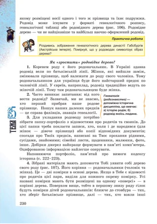 230
якому розміщені носії одного і того ж прізвища та їхнє подружжя.
Родовід може існувати у форматі генеалогічного розпису,
генеалогічної таблиці або родовідного дерева (рис. 106). Родовідне
дерево – чи не найцікавіше та найбільш наочно оформлений родовід.
Практична робота
Роздивись зображення генеалогічного дерева династії Габсбургів
(Австрійська імперія). Поміркуй, що у родоводах символізує образ
дерева?
Як «зростити» родовідне дерево?
1. Коренем роду є його родоначальник. В Україні здавна
родовід вели по батьківській лінії. Жінки, які вийшли заміж,
змінювали прізвище, щоб належати до роду свого чоловіка. Тому
родоначальником для українця буде його найстарший предок по
чоловічій лінії. У євреїв, наприклад, родовід традиційно ведуть по
жіночій лінії. Тому там родоначальницею буде жінка.
2. Часто виникає запитання: від кого
вести родовід? Зазвичай, ми не знаємо,
хто перший прибрав наше родове
прізвище. Пошук наших далеких предків
– це справа фахівців, знавців генеалогії.
3. Для укладання родоводу потрібно
зібрати папку-портфоліо з відомостями про родичів та свояків. До
цієї папки треба покласти записи, хто, коли і де народився (для
жінок – дівоче прізвище) або копії відповідних документів;
спогади про Твоїх предків, написані на Твоє прохання рідними,
сусідами, знайомими; сімейні листи, щоденники, малюнки, фото,
інше. Добірки джерел найкраще формувати в пам’яті комп’ютера.
Оцифрованою інформацією найлегше оперувати.
Наповнюючи портфоліо, пам’ятай про вимоги кодексу
історика (с. 222—223).
4. Зібрані матеріали мають допомогти Тобі уявити собі дерево
свого роду (рис. 107). Його коріння – родоначальники (чоловік та
жінка). Це – дві комірки в основі дерева. Якщо в Тебе є відомості
про родичів цієї пари, виділи для кожного окрему комірку. Усі
названі комірки мають бути розміщені на одному «поверсі» – в
корінні дерева. Поверхом вище, тобто в першому знизу ряду гілок
будуть комірки дітей родоначальників: ближче до стовбура – тих,
хто зберіг батьківське прізвище, далі – тих, хто взяли інші
Генеалогія
(родознавство) —
допоміжна історична
дисципліна, що вивчає:
а) історію родів; б)
родовід якоїсь людини.
 