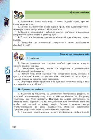 232
Домашнє завдання
1. Розмісти на шкалі часу події з історії рідного краю, про які
йшла мова на уроці.
2. Познач на контурній карті рідний край, його адміністративно-
територіальний центр, відомі «місця пам’яті».
3. Внеси у хронологічну таблицю факти, пов’язані з розвитком
історичного краєзнавства в рідному краї.
4. Розмісти в іменному довіднику відомості про місцевих краєз-
навців.
5. Підготуйся до презентації результатів свого дослідження
сімейної історії.
Якщо хочеш перевірити себе
І. Завдання:
1. Поясни значення для людини пам’яті про власне минуле,
минуле родини, народу.
2. Сформулюй правила, якими Ти керувався в дослідницькій
роботі з історії своєї родини.
3. Вибери будь-який відомий Тобі історичний факт, зокрема й
факт з власного життя, та вислови своє ставлення до цього факту.
Наведи докази на користь свого судження.
4. Обґрунтуй власне судження про будь-яку історичну особу з тих,
про кого йшлося в цій темі.
ІІ. Практична робота
5. Відшукай (у бібліотеці, за допомогою електронних ресурсів) та
прочитай науково-популярну статтю або оповідання на історичну
тематику, яка Тебе цікавить. Підготуй на основі прочитаного та
власних знань коротке (2—3 хв) повідомлення про історичний факт або
особу, які згадані в цьому творі. Визнач ставлення автора
статті/оповідання до цього факту/особи. Висновок аргументуй.
Представ результати своєї роботи в колі спілкування.
6. Презентуй у класі результати свого дослідження сімейної історії.
 