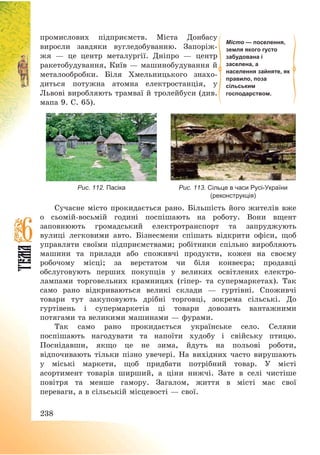 238
промислових підприємств. Міста Донбасу
виросли завдяки вугледобуванню. Запоріж-
жя – це центр металургії. Дніпро – центр
ракетобудування, Київ – машинобудування й
металообробки. Біля Хмельницького знахо-
диться потужна атомна електростанція, у
Львові виробляють трамваї й тролейбуси (див.
мапа 9. С. 65).
Рис. 112. Пасіка Рис. 113. Сільце в часи Русі-України
(реконструкція)
Сучасне місто прокидається рано. Більшість його жителів вже
о сьомій-восьмій годині поспішають на роботу. Вони вщент
заповнюють громадський електротранспорт та запруджують
вулиці легковими авто. Бізнесмени спішать відкрити офіси, щоб
управляти своїми підприємствами; робітники спільно виробляють
машини та прилади або споживчі продукти, кожен на своєму
робочому місці; за верстатом чи біля конвеєра; продавці
обслуговують перших покупців у великих освітлених електро-
лампами торговельних крамницях (гіпер- та супермаркетах). Так
само рано відкриваються великі склади – гуртівні. Споживчі
товари тут закуповують дрібні торговці, зокрема сільські. До
гуртівень і супермаркетів ці товари довозять вантажними
потягами та великими машинами – фурами.
Так само рано прокидається українське село. Селяни
поспішають нагодувати та напоїти худобу і свійську птицю.
Поснідавши, якщо це не зима, йдуть на польові роботи,
відпочивають тільки пізно увечері. На вихідних часто вирушають
у міські маркети, щоб придбати потрібний товар. У місті
асортимент товарів ширший, а ціни нижчі. Зате в селі чистіше
повітря та менше гамору. Загалом, життя в місті має свої
переваги, а в сільській місцевості – свої.
Місто — поселення,
земля якого густо
забудована і
заселена, а
населення зайняте, як
правило, поза
сільським
господарством.
 
