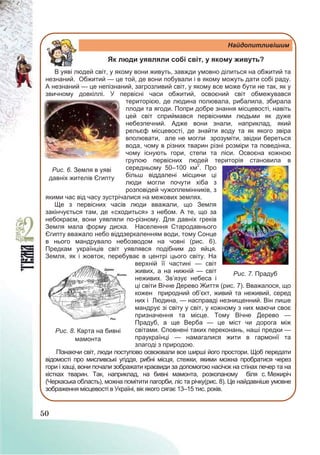 50
Найдопитливішим
Як люди уявляли собі світ, у якому живуть?
В уяві людей світ, у якому вони живуть, завжди умовно ділиться на обжитий та
незнаний. Обжитий — це той, де вони побували і в якому можуть дати собі раду.
А незнаний — це непізнаний, загрозливий світ, у якому все може бути не так, як у
звичному довкіллі. У первісні часи обжитий, освоєний світ обмежувався
територією, де людина полювала, рибалила, збирала
плоди та ягоди. Попри добре знання місцевості, навіть
цей світ сприймався первісними людьми як дуже
небезпечний. Адже вони знали, наприклад, який
рельєф місцевості, де знайти воду та як якого звіра
вполювати, але не могли зрозуміти, звідки береться
вода, чому в різних тварин різні розміри та поведінка,
чому існують гори, степи та ліси. Освоєна кожною
групою первісних людей територія становила в
середньому 50–100 км2
. Про
більш віддалені місцини ці
люди могли почути хіба з
розповідей чужоплемінників, з
якими час від часу зустрічалися на межових землях.
Ще з первісних часів люди вважали, що Земля
закінчується там, де «сходиться» з небом. А те, що за
небокраєм, вони уявляли по-різному. Для давніх греків
Земля мала форму диска. Населення Стародавнього
Єгипту вважало небо віддзеркаленням води, тому Сонце
в нього мандрувало небозводом на човні (рис. 6).
Предкам українців світ уявлявся подібним до яйця.
Земля, як і жовток, перебуває в центрі цього світу. На
верхній її частині — світ
живих, а на нижній — світ
неживих. Зв’язує небеса і
ці світи Вічне Дерево Життя (рис. 7). Вважалося, що
кожен природний об’єкт, живий та неживий, серед
них і Людина, — насправді незнищенний. Він лише
мандрує зі світу у світ, у кожному з них маючи своє
призначення та місце. Тому Вічне Дерево —
Прадуб, а ще Верба — це міст чи дорога між
світами. Сповнені таких переконань, наші предки —
праукраїнці — намагалися жити в гармонії та
злагоді з природою.
Пізнаючи світ, люди поступово освоювали все ширші його простори. Щоб передати
відомості про мисливські угіддя, рибні місця, стежки, якими можна пробратися через
гори і хащі, вони почали зображати краєвиди за допомогою насічок на стінах печер та на
кістках тварин. Так, наприклад, на бивні мамонта, розкопаному біля с. Межиріч
(Черкаська область), можна помітити пагорби, ліс та річку(рис. 8). Це найдавніше умовне
зображення місцевості в Україні, вік якого сягає 13–15 тис. років.
Рис. 6. Земля в уяві
давніх жителів Єгипту
Рис. 7. Прадуб
Рис. 8. Карта на бивні
мамонта
 