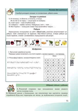 75
Розвага для сумлінних
Спробуй розгадати загадки та головоломки, дібрати рими.
Загадки та римівки
1. Ні потилиці, ні обличчя, ні початку, ні кінця.
Як по ній ти не підеш — кінця-краю не знайдеш.
2. У світі одна — всім потрібна вона.
3. Її обереги — верба і калина. Найкраща у світі — моя … .
4. Моя Україна — козацькая слава! Така волелюбна і мирна … .
Ребуси
Користуючись інструкціями на сайті: rebus1.com, розв’яжи запропоновані тут
ребуси. Сайт знаходиться за адресою: http://rebus1.com/ua. Створи ребуси до
інших термінів, з якими ознайомився, опрацьовуючи цей розділ.
Шифровки
1. Прочитай наведений вислів.
Проридні умвои впивлають на жтитя лдюей, а діняня лдюини — на прориду.
2. Розшифруй фрази, використовуючи ключ
Ключ
Q А 4 З 7 Н + Х
8 ? l $ q 2 ? l 3 q 1 q 9 d l q 6 7 = s 1 – L 9 z * . W Б 5 И J О = Ц
1 В % Й 8 П & Ч
9 d l q 6 7 q – ! 2 5 7 q ,= s f s z 7 q 2 ? l 3 q 1 q . R Г S І L Р $ Ш
2 Д 6 Ї Z С # Щ
S z x j l 5 & 7 s l ? r s j 7 5 7 ? g q @ x *
& s x d 5 + g ? 3 .
? Е D К X Т @ Ю
! Є F Л 9 У < Я
3 Ж G М N Ф * Ь
Обдумай спільно з рідними
1. Розпитай старших про походження назви рідного
міста/селища/села.
2. Обміркуй разом з близькими, що свідчитиме про здатність людини
сприймати будь-яку територію як місце, де відбувалися історичні події.
 