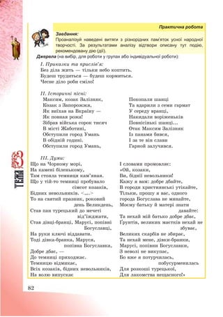 82
Практична робота
Завдання:
Проаналізуй наведені витяги з різнорідних пам’яток усної народної
творчості. За результатами аналізу відтвори описану тут подію,
рекомендовану дію (дії).
Джерела (на вибір, для роботи у групах або індивідуальної роботи):
І. Приказки та прислів’я:
Без діла жить – тільки небо коптить.
Будеш трудиться – будеш кормиться.
Чесне діло роби сміло!
ІІ. Історичні пісні:
Максим, козак Залізняк,
Козак з Запорожжя,
Як виїхав на Вкраїну –
Як повная рожа!
Зібрав війська сорок тисяч
В місті Жаботині,
Обступили город Умань
В обідній годині.
Обступили город Умань,
Покопали шанці
Та вдарили з семи гармат
У середу вранці,
Накидали воріженьків
Повнісінькі шанці...
Отак Максим Залізняк
Із панами бився,
І за те він слави
Гарной залучився.
ІІІ. Думи:
Що на Чорному морі,
На камені біленькому,
Там стояла темниця кам’яная.
Що у тій-то темниці пробувало
сімсот козаків,
Бідних невольників. <….>
То на святий празник, роковий
день Великдень,
Став пан турецький до мечеті
від’їжджати,
Став дівці-бранці, Марусі, попівні
Богуславці,
На руки ключі віддавати.
Тоді дівка-бранка, Маруся,
попівна Богуславка,
Добре дбає, –
До темниці приходжає.
Темницю відмикає,
Всіх козаків, бідних невольників,
На волю випускає
І словами промовляє:
«Ой, козаки,
Ви, біднії невольники!
Кажу я вам: добре дбайте,
В городи християнські утікайте,
Тільки, прошу я вас, одного
города Богуслава не минайте,
Моєму батьку й матері знати
давайте:
Та нехай мій батько добре дбає,
Ґрунтів, великих маєтків нехай не
збуває,
Великих скарбів не збирає,
Та нехай мене, дівки-бранки,
Марусі, попівни Богуславки,
З неволі не викупає,
Бо вже я потурчилась,
побусурменилась
Для розкоші турецької,
Для лакомства нещасного!»
 