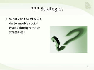 PPP Strategies
• What can the VLMPO
do to resolve social
issues through these
strategies?
30
 