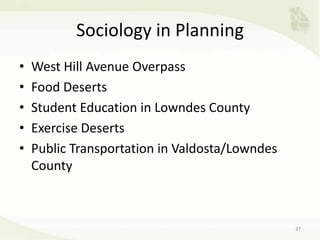 Sociology in Planning
• West Hill Avenue Overpass
• Food Deserts
• Student Education in Lowndes County
• Exercise Deserts
• Public Transportation in Valdosta/Lowndes
County
37
 