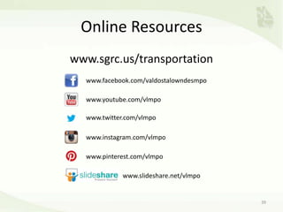 Online Resources
www.sgrc.us/transportation
www.facebook.com/valdostalowndesmpo
www.youtube.com/vlmpo
www.twitter.com/vlmpo
www.instagram.com/vlmpo
www.pinterest.com/vlmpo
www.slideshare.net/vlmpo
39
 