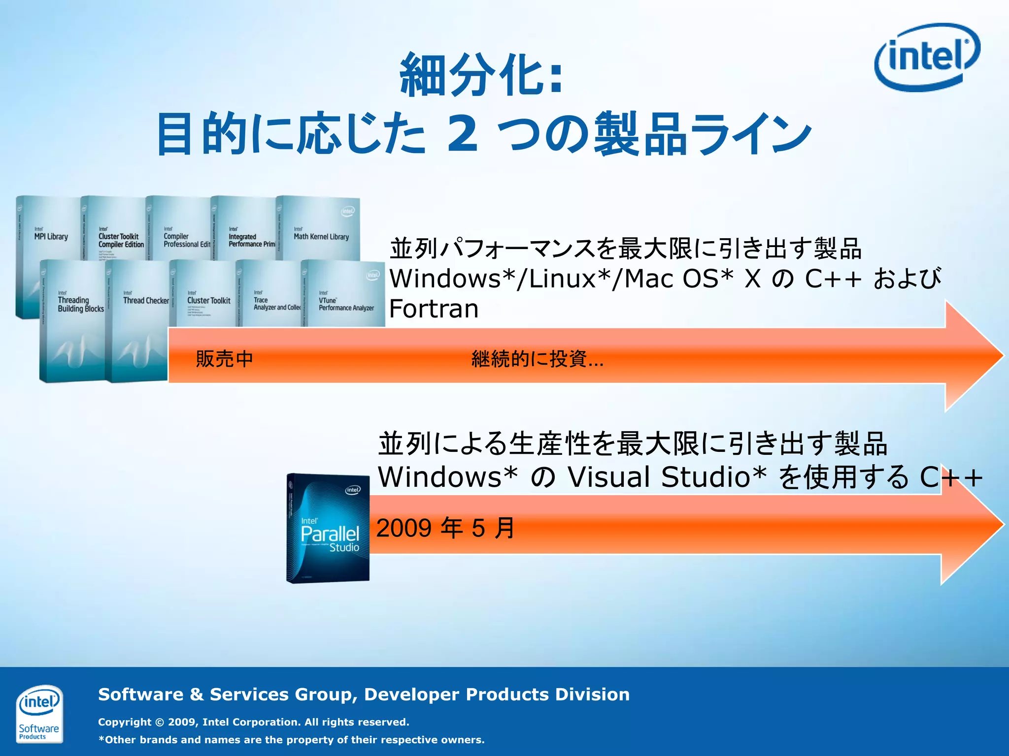 細分化:
         目的に応じた 2 つの製品ライン

                                                     並列パフォーマンスを最大限に引き出す製品
                                                     Windows*/Linux*/Mac OS* X の C++ および
                                                     Fortran
                 販売中                                             継続的に投資...



                                                  並列による生産性を最大限に引き出す製品
                                                  Windows* の Visual Studio* を使用する C++
                                                  2009 年 5 月




Software & Services Group, Developer Products Division
Copyright © 2009, Intel Corporation. All rights reserved.
*Other brands and names are the property of their respective owners.
 