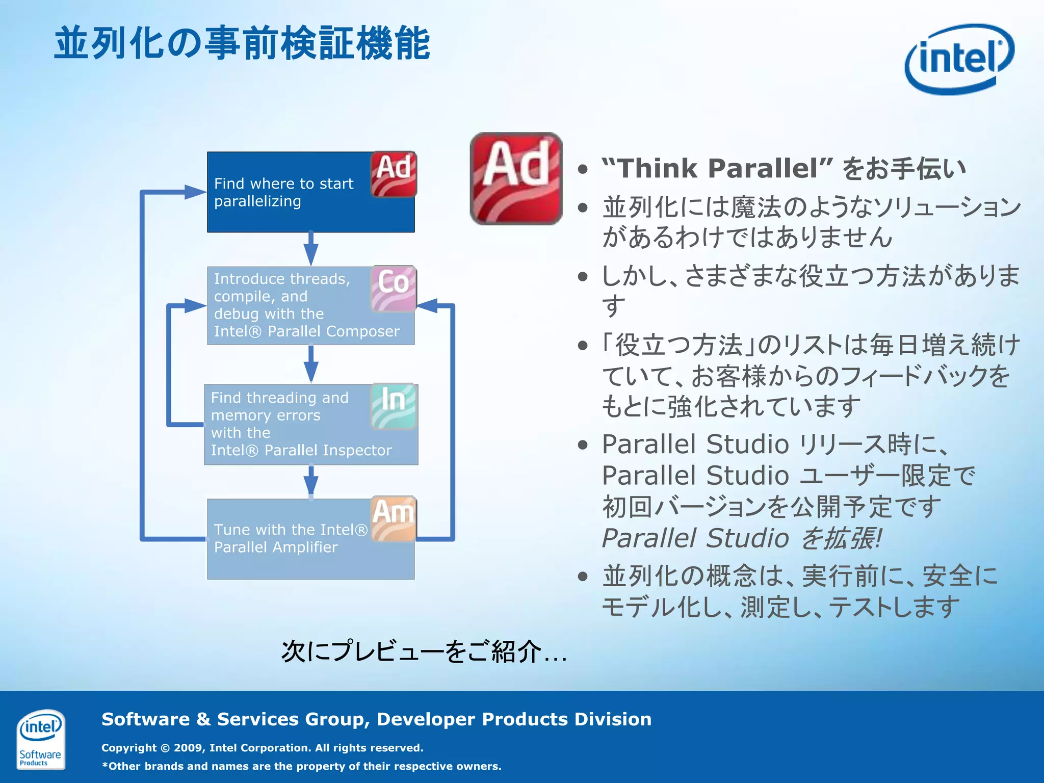 並列化の事前検証機能


                    Find where to start
                                                                        • “Think Parallel” をお手伝い
                    parallelizing
                                                                        • 並列化には魔法のようなソリューション
                                                                          があるわけではありません
                    Introduce threads,                                  • しかし、さまざまな役立つ方法がありま
                    compile, and
                    debug with the                                        す
                    Intel® Parallel Composer
                                                                        • 「役立つ方法」のリストは毎日増え続け
                                                                          ていて、お客様からのフィードバックを
                    Find threading and
                    memory errors                                         もとに強化されています
                    with the
                    Intel® Parallel Inspector                           • Parallel Studio リリース時に、
                                                                          Parallel Studio ユーザー限定で
                                                                          初回バージョンを公開予定です
                    Tune with the Intel®
                    Parallel Amplifier                                    Parallel Studio を拡張!
                                                                        • 並列化の概念は、実行前に、安全に
                                                                          モデル化し、測定し、テストします
                                次にプレビューをご紹介…

 Software & Services Group, Developer Products Division
 Copyright © 2009, Intel Corporation. All rights reserved.
 *Other brands and names are the property of their respective owners.
 