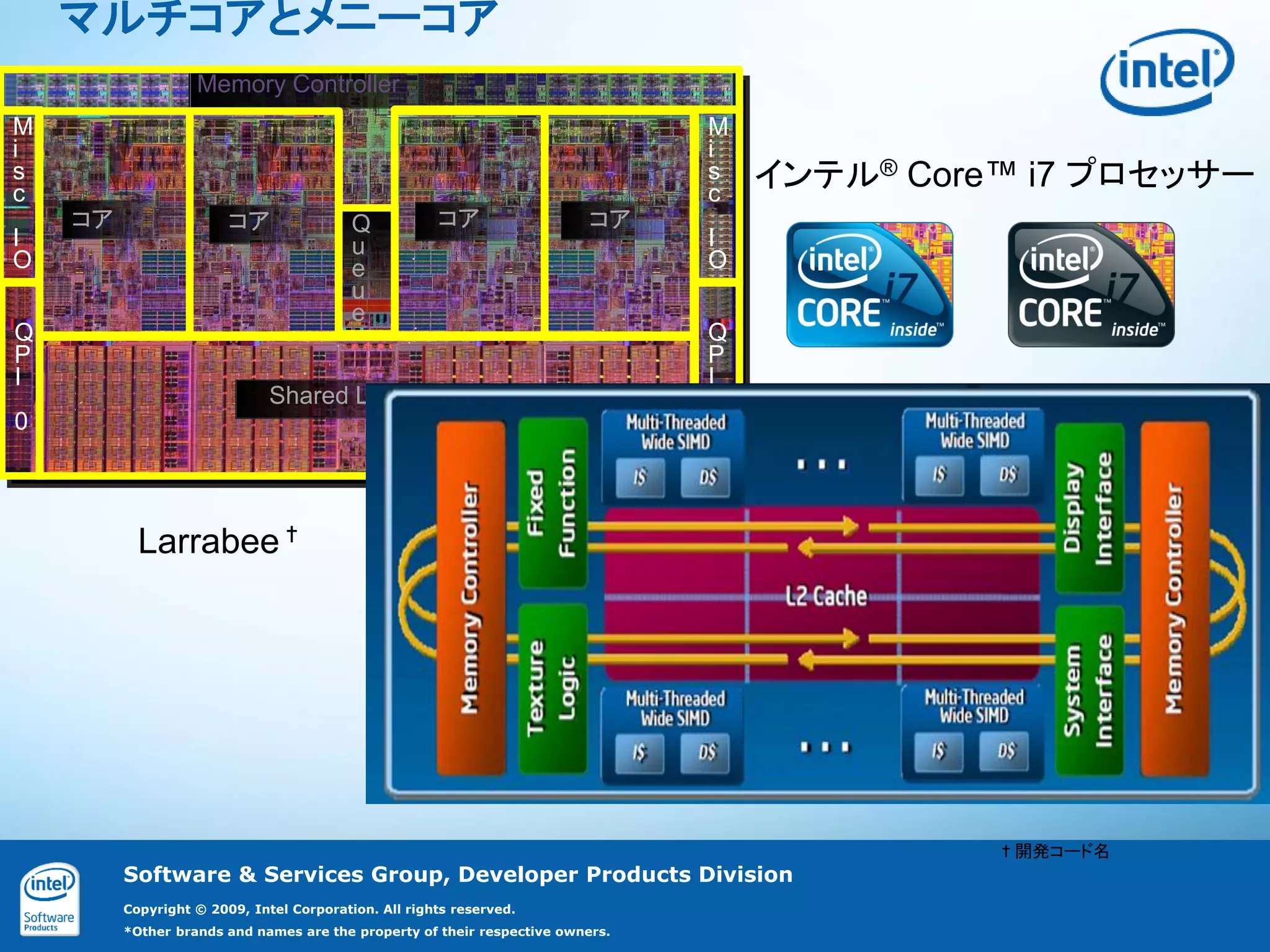 マルチコアとメニーコア
                   Memory Controller
M                                                                               M
i                                                                               i
s
c
                                                                                s
                                                                                c
                                                                                    インテル® Core™ i7 プロセッサー
    コア                  コア                Q           コア                  コア
I                                         u                                     I
O                                         e                                     O
                                          u
                                          e
Q                                                                               Q
P                                                                               P
I                                                                               I
                              Shared L3 Cache
0                                                                               1



           Larrabee✝




                                                                                              ✝開発コード名
         Software & Services Group, Developer Products Division
         Copyright © 2009, Intel Corporation. All rights reserved.
         *Other brands and names are the property of their respective owners.
 