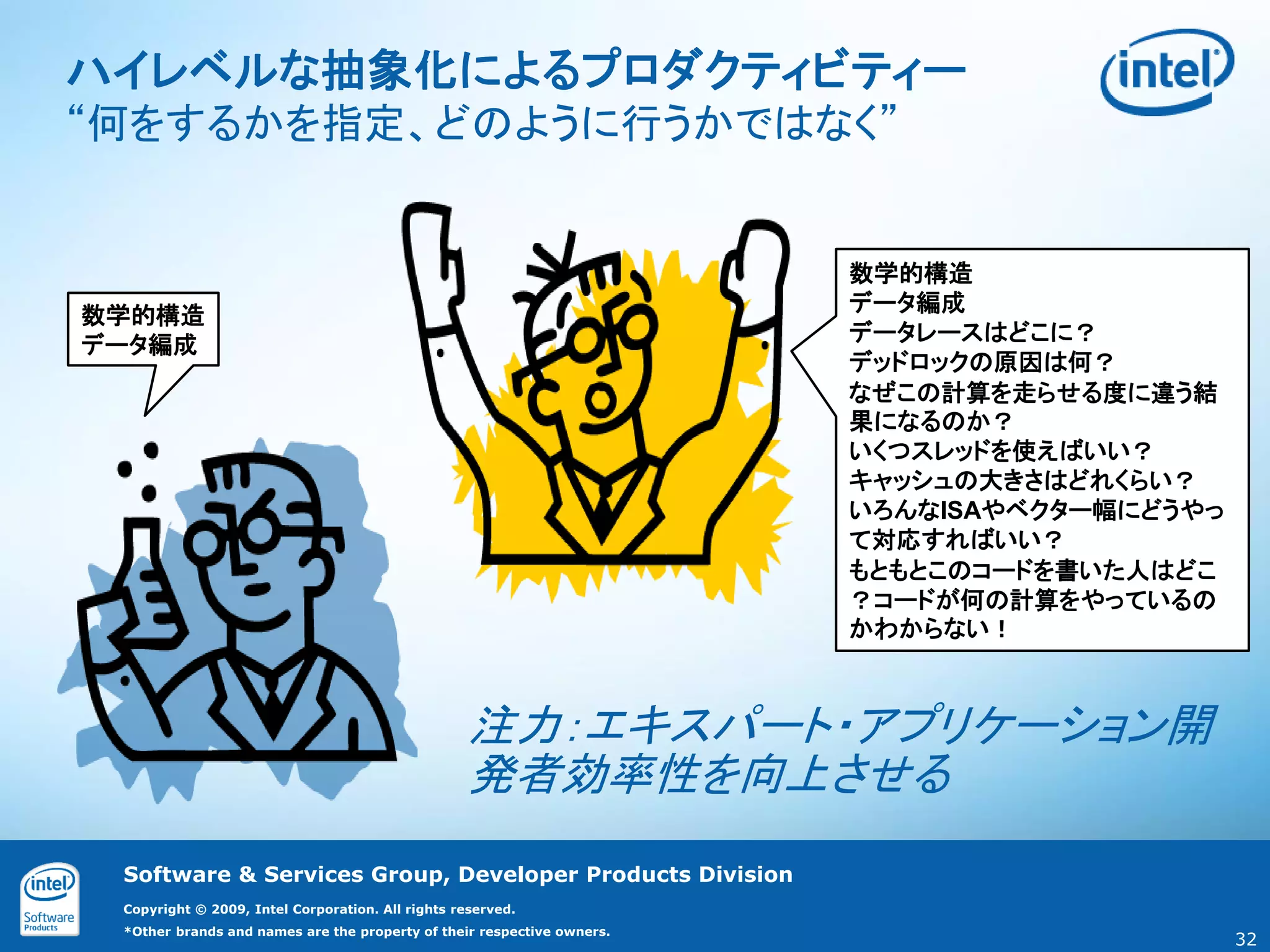ハイレベルな抽象化によるプロダクティビティー
“何をするかを指定、どのように行うかではなく”


                                                                        数学的構造
                                                                        データ編成
数学的構造
                                                                        データレースはどこに？
データ編成
                                                                        デッドロックの原因は何？
                                                                        なぜこの計算を走らせる度に違う結
                                                                        果になるのか？
                                                                        いくつスレッドを使えばいい？
                                                                        キャッシュの大きさはどれくらい？
                                                                        いろんなISAやベクター幅にどうやっ
                                                                        て対応すればいい？
                                                                        もともとこのコードを書いた人はどこ
                                                                        ？コードが何の計算をやっているの
                                                                        かわからない！



                                                   注力：エキスパート・アプリケーション開
                                                   発者効率性を向上させる
 Software & Services Group, Developer Products Division
 Copyright © 2009, Intel Corporation. All rights reserved.
 *Other brands and names are the property of their respective owners.
                                                                                             32
 