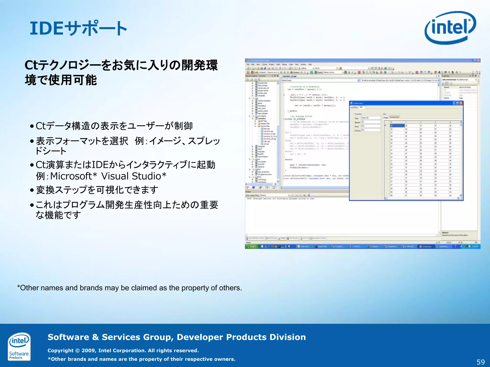 IDEサポート
  Ctテクノロジーをお気に入りの開発環
  境で使用可能


   • Ctデータ構造の表示をユーザーが制御
   • 表示フォーマットを選択 例：イメージ、スプレッ
     ドシート
   • Ct演算またはIDEからインタラクティブに起動
     例：Microsoft* Visual Studio*
   • 変換ステップを可視化できます
   • これはプログラム開発生産性向上ための重要
     な機能です




*Other names and brands may be claimed as the property of others.




        Software & Services Group, Developer Products Division
        Copyright © 2009, Intel Corporation. All rights reserved.
        *Other brands and names are the property of their respective owners.
                                                                               59
 