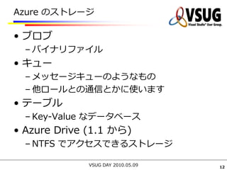 Azure のストレージ

• ブロブ
  – バイナリファイル
• キュー
  – メッセージキューのようなもの
  – 他ロールとの通信とかに使います
• テーブル
  – Key-Value なデータベース
• Azure Drive (1.1 から)
  – NTFS でアクセスできるストレージ

              VSUG DAY 2010.05.09   12
 