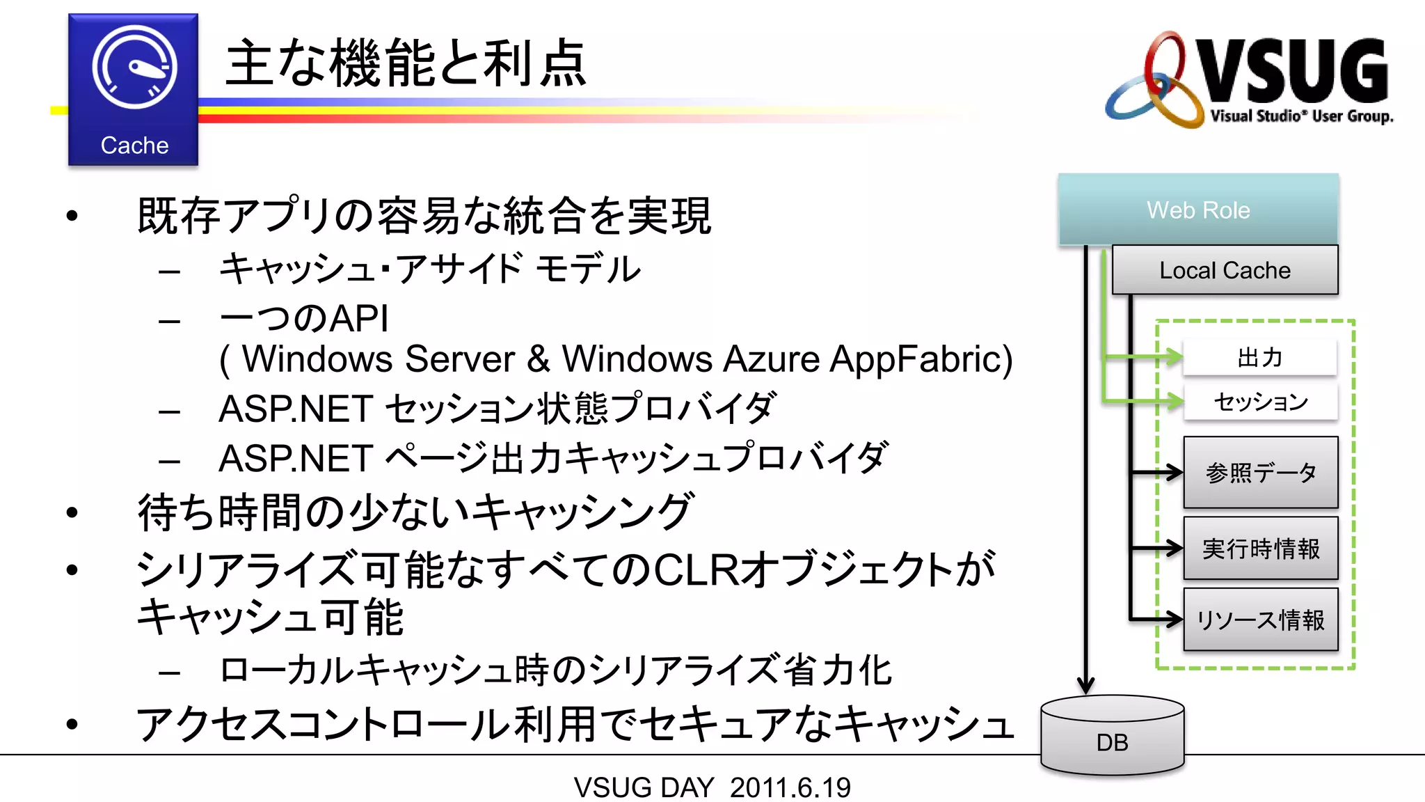 主な機能と利点

•   既存アプリの容易な統合を実現                                         Web Role

    –   キャッシュ・アサイド モデル                                     Local Cache

    –   一つのAPI
        ( Windows Server & Windows Azure AppFabric)              出力

    –   ASP.NET セッション状態プロバイダ                                    セッション

    –   ASP.NET ページ出力キャッシュプロバイダ                                参照データ
•   待ち時間の少ないキャッシング
                                                               実行時情報
•   シリアライズ可能なすべてのCLRオブジェクトが
    キャッシュ可能                                                   リソース情報

    –   ローカルキャッシュ時のシリアライズ省力化
•   アクセスコントロール利用でセキュアなキャッシュ                           DB
                           VSUG DAY 2011.6.19
 