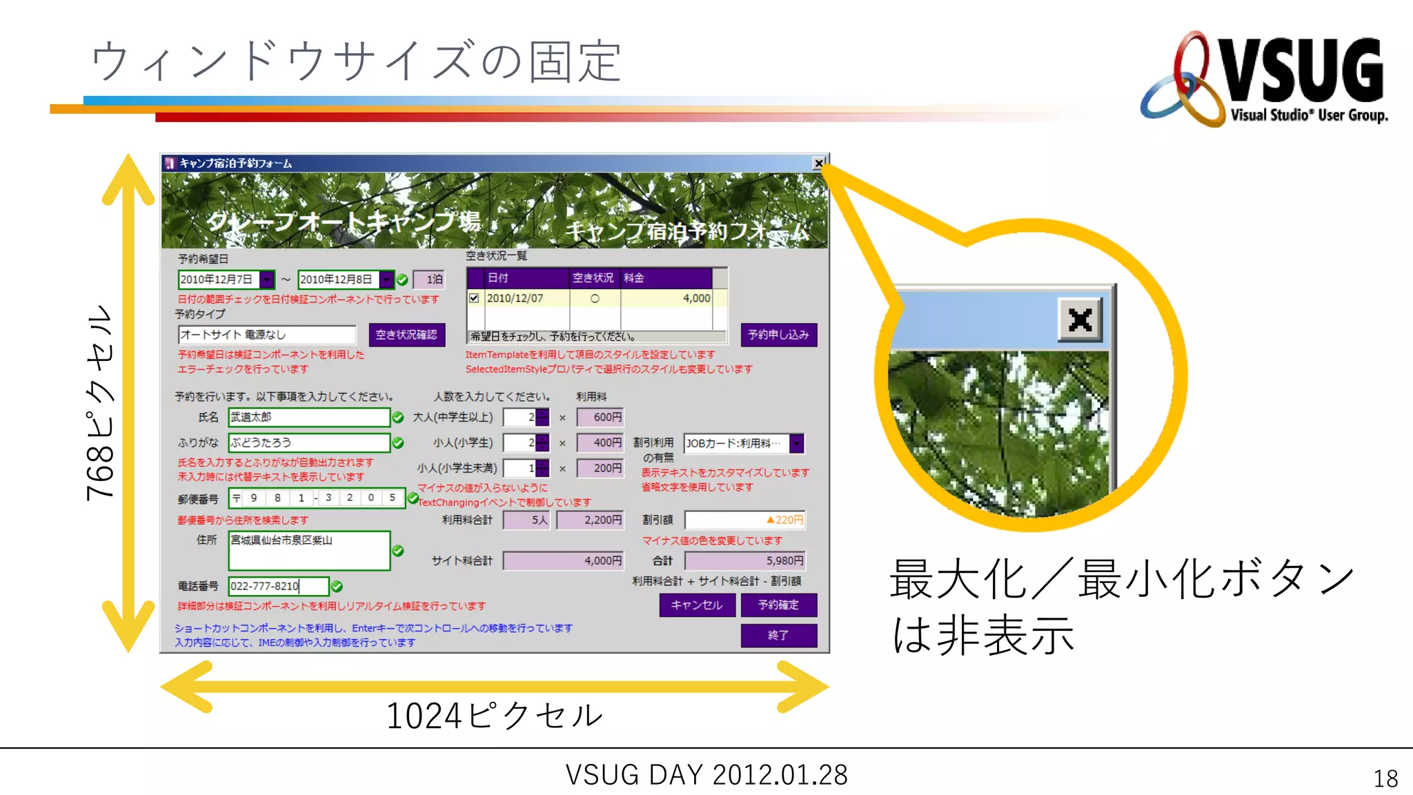 ウゖンドウサ゗ズの固定
768ピクセル




                                      最大化／最小化ボタン
                                      は非表示
          1024ピクセル
                VSUG DAY 2012.01.28                18
 