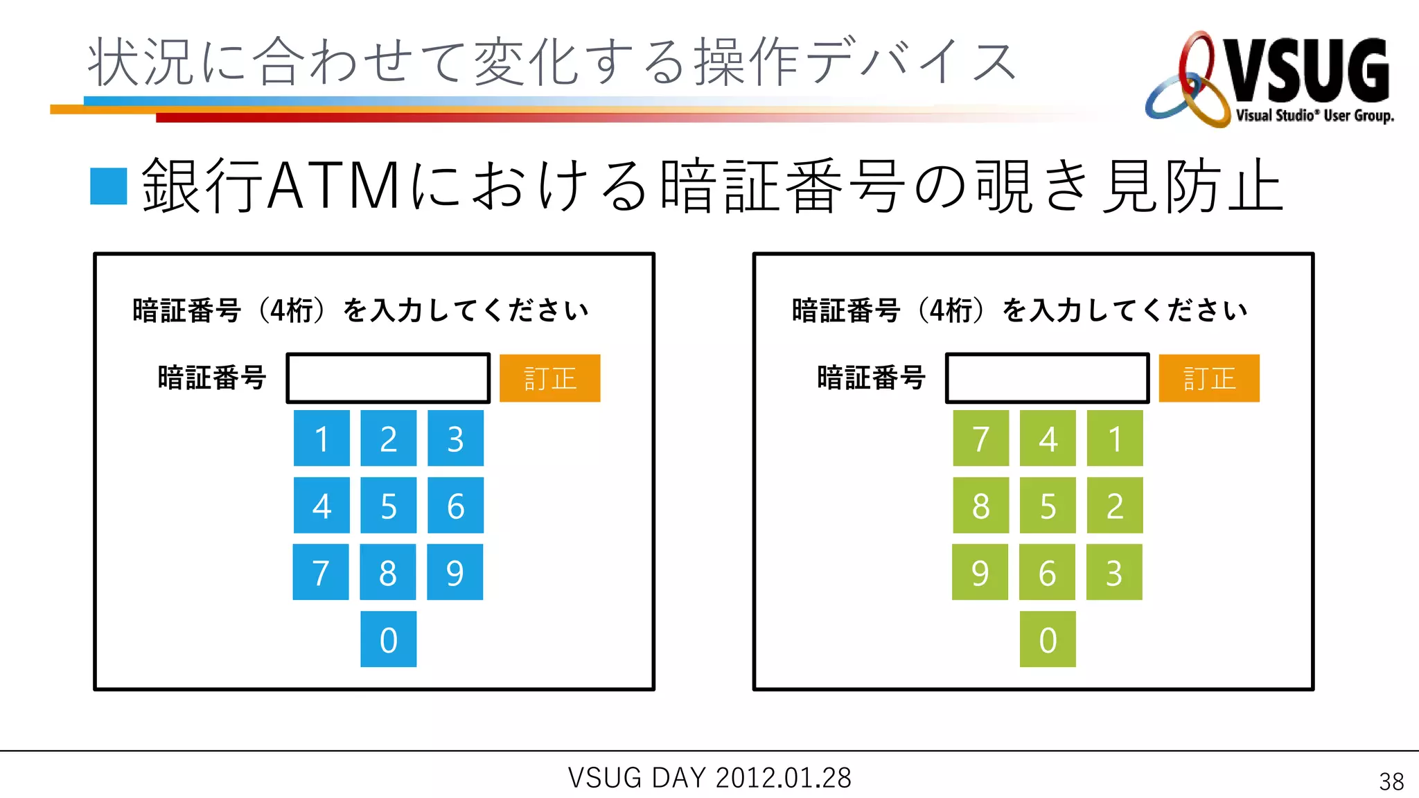 状況に合わせて変化する操作デバ゗ス

銀行ATMにおける暗証番号の覗き見防止
暗証番号（4桁）を入力してください                  暗証番号（4桁）を入力してください

 暗証番号               訂正               暗証番号               訂正

        1   2   3                           7   4   1
        4   5   6                           8   5   2
        7   8   9                           9   6   3
            0                                   0


                     VSUG DAY 2012.01.28                     38
 