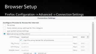 Firefox: Configuration -> Advanced -> Connection Settings
Browser Setup
 