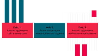 Кейс 1.
Анализ аудитории
сайта автошколы
Кейс 2.
Анализ аудитории
инновационного гаджета
Кейс 3.
Анализ аудитории
мобильного приложения
 