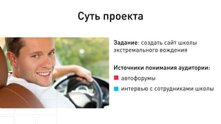 Суть проекта
Задание: создать сайт школы
экстремального вождения
Источники понимания аудитории:
автофорумы
интервью с сотрудниками школы
 