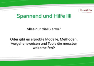Spannend und Hilfe !!!!

         Alles nur trial & error?

Oder gibt es erprobte Modelle, Methoden,
Vorgehensweisen und Tools die messbar
              weiterhelfen?
 