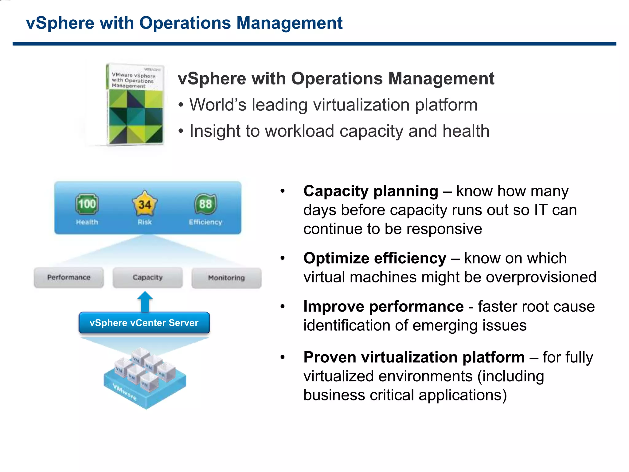55
vSphere with Operations Management
vSphere vCenter Server
• Capacity planning – know how many
days before capacity runs out so IT can
continue to be responsive
• Optimize efficiency – know on which
virtual machines might be overprovisioned
• Improve performance - faster root cause
identification of emerging issues
• Proven virtualization platform – for fully
virtualized environments (including
business critical applications)
VMware vSphere
The proven compute virtualization platform
vSphere with Operations Management
• World’s leading virtualization platform
• Insight to workload capacity and health
 
