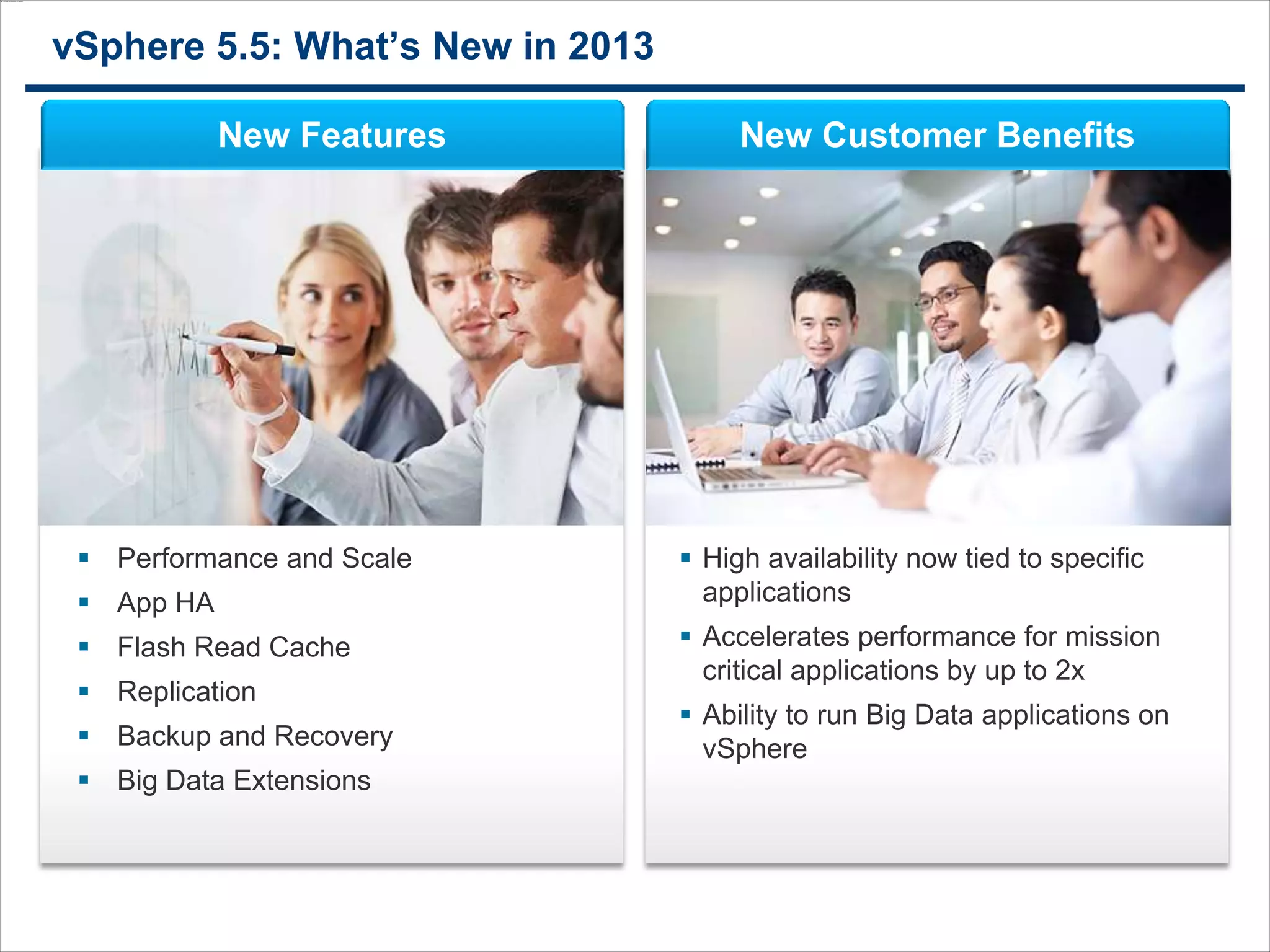 99
 Performance and Scale
 App HA
 Flash Read Cache
 Replication
 Backup and Recovery
 Big Data Extensions
vSphere 5.5: What’s New in 2013
New Features New Customer Benefits
 