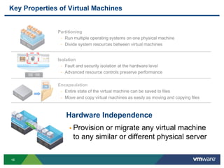 1616
VMware
Key Properties of Virtual Machines
Encapsulation
 Entire state of the virtual machine can be saved to files
 Move and copy virtual machines as easily as moving and copying files
Partitioning
 Run multiple operating systems on one physical machine
 Divide system resources between virtual machines
Isolation
 Fault and security isolation at the hardware level
 Advanced resource controls preserve performance
Hardware Independence
 Provision or migrate any virtual machine
to any similar or different physical server
 