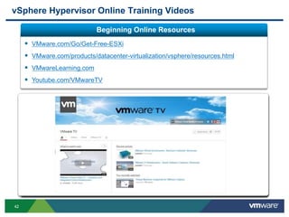 4242
vSphere Hypervisor Online Training Videos
 VMware.com/Go/Get-Free-ESXi
 VMware.com/products/datacenter-virtualization/vsphere/resources.html
 VMwareLearning.com
 Youtube.com/VMwareTV
Beginning Online Resources
 