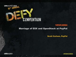 VSVC4994
Marriage of ESX and OpenStack at PayPal
Scott Carlson, PayPal

#VSVC4994

 