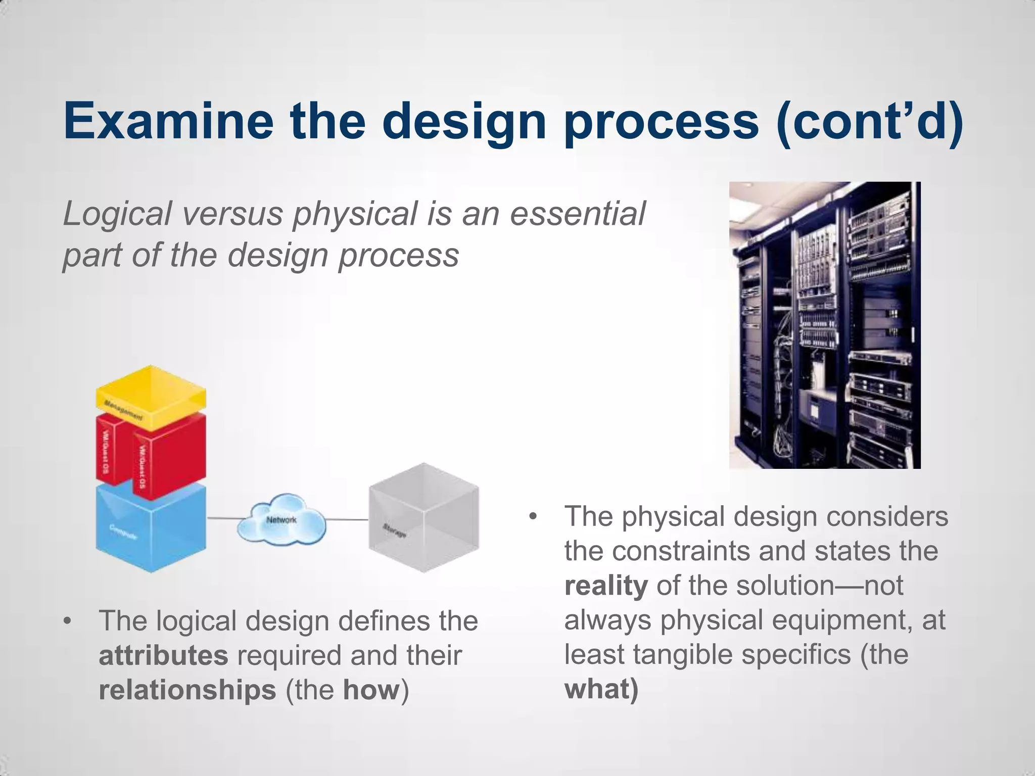 Examine the design process (cont’d)
• The logical design defines the
attributes required and their
relationships (the how)
• The physical design considers
the constraints and states the
reality of the solution—not
always physical equipment, at
least tangible specifics (the
what)
Logical versus physical is an essential
part of the design process
 
