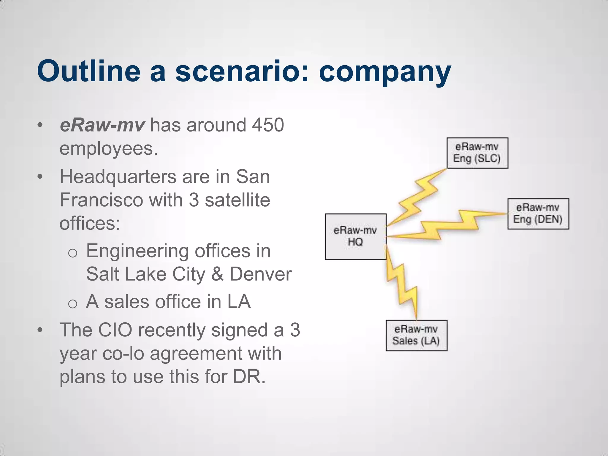 Outline a scenario: company
• eRaw-mv has around 450
employees.
• Headquarters are in San
Francisco with 3 satellite
offices:
o Engineering offices in
Salt Lake City & Denver
o A sales office in LA
• The CIO recently signed a 3
year co-lo agreement with
plans to use this for DR.
 
