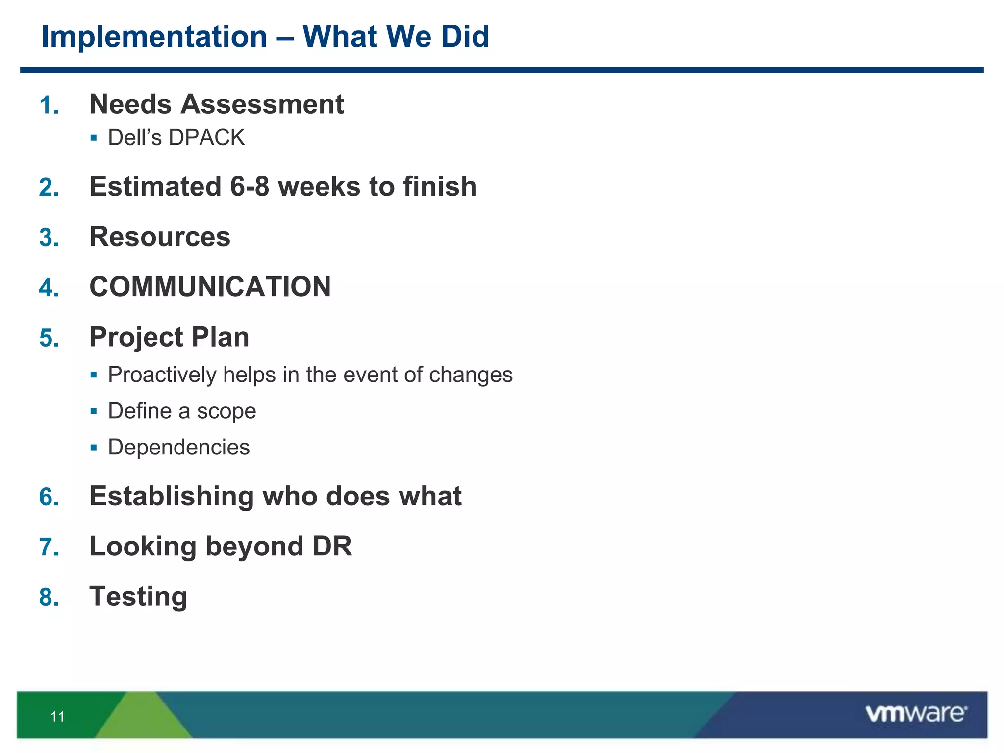 1111
Implementation – What We Did
1. Needs Assessment
 Dell’s DPACK
2. Estimated 6-8 weeks to finish
3. Resources
4. COMMUNICATION
5. Project Plan
 Proactively helps in the event of changes
 Define a scope
 Dependencies
6. Establishing who does what
7. Looking beyond DR
8. Testing
 