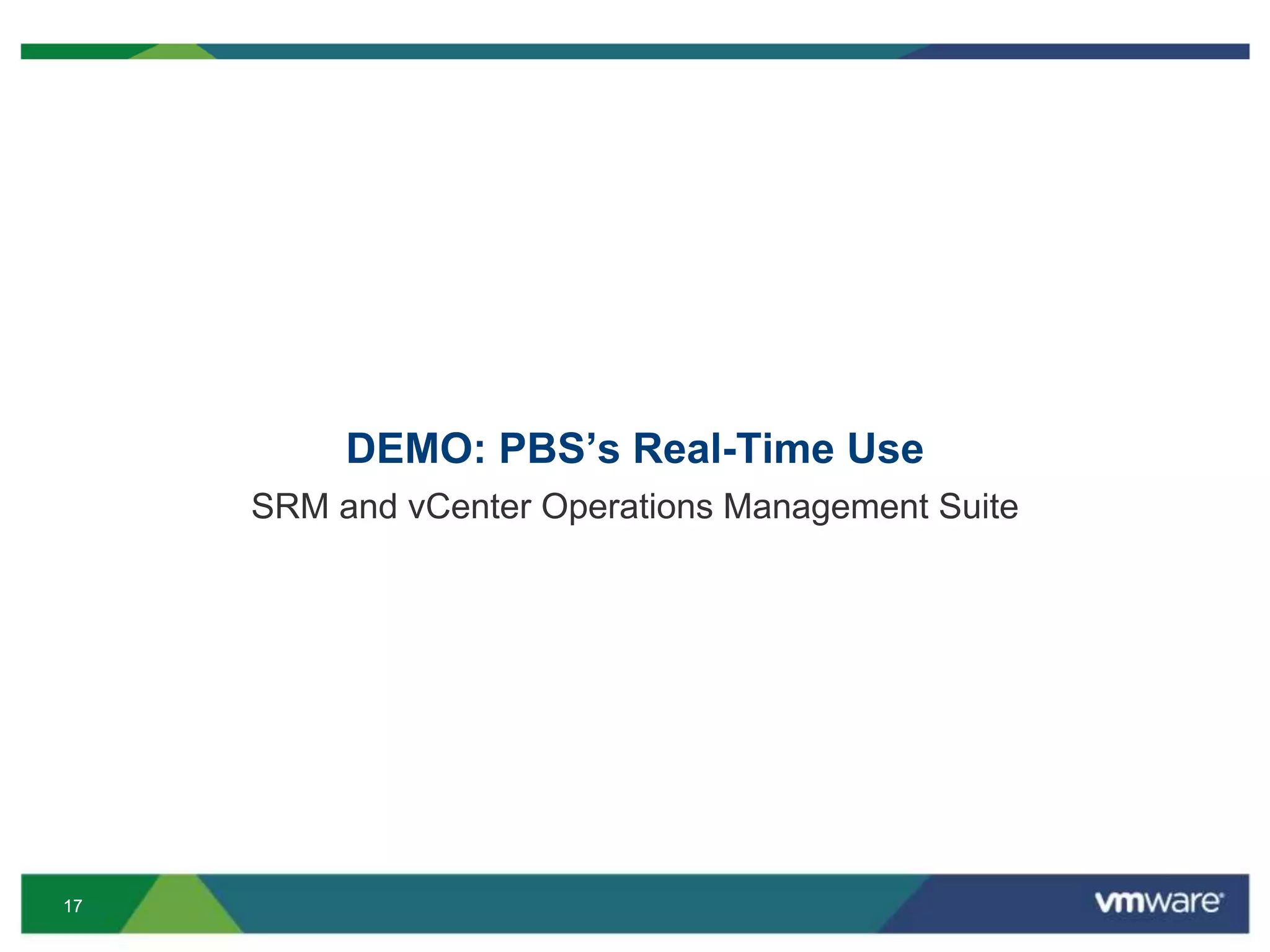 1717
DEMO: PBS’s Real-Time Use
SRM and vCenter Operations Management Suite
 