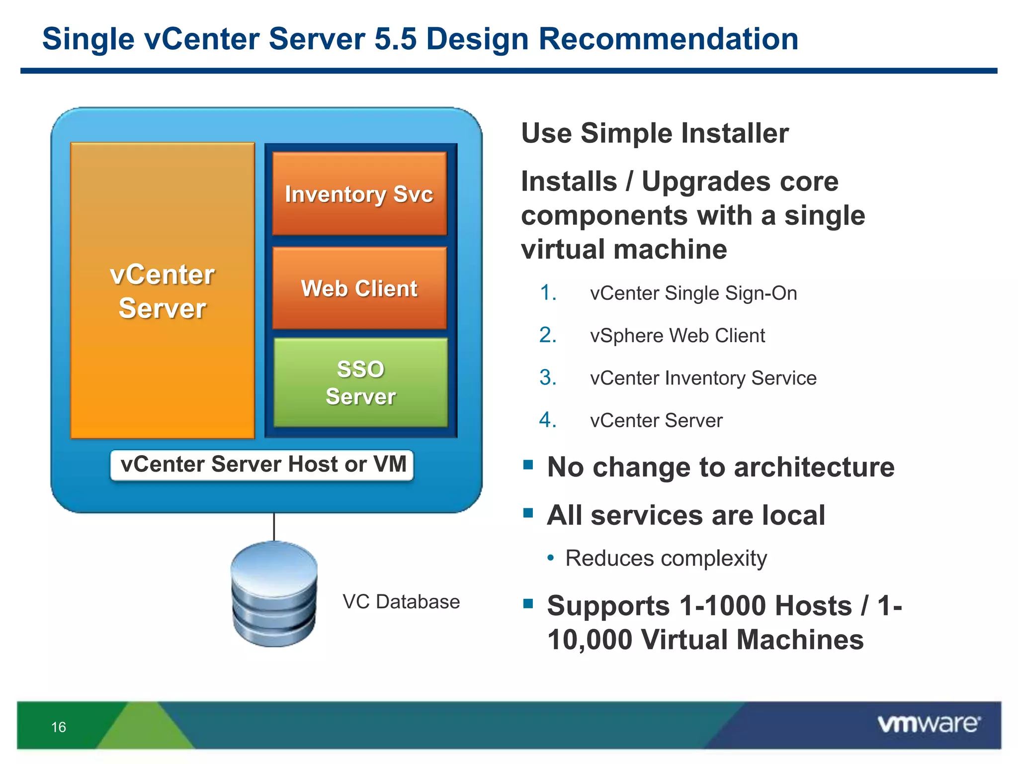 16
Single vCenter Server 5.5 Design Recommendation
VC Database
vCenter Server Host or VM
vCenter
Server
SSO
Server
Web Client
Inventory Svc
Use Simple Installer
Installs / Upgrades core
components with a single
virtual machine
1. vCenter Single Sign-On
2. vSphere Web Client
3. vCenter Inventory Service
4. vCenter Server
 No change to architecture
 All services are local
• Reduces complexity
 Supports 1-1000 Hosts / 1-
10,000 Virtual Machines
 