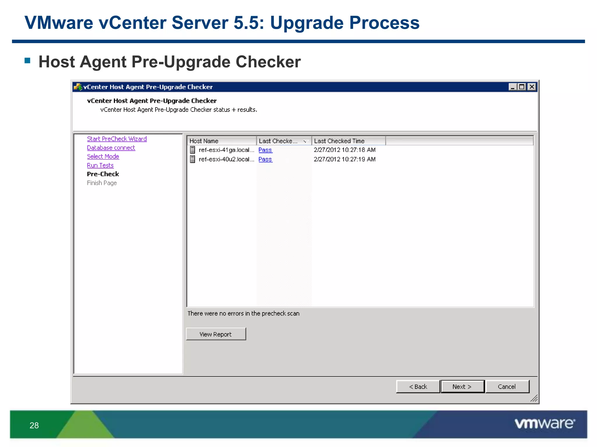 28
VMware vCenter Server 5.5: Upgrade Process
 Host Agent Pre-Upgrade Checker
 