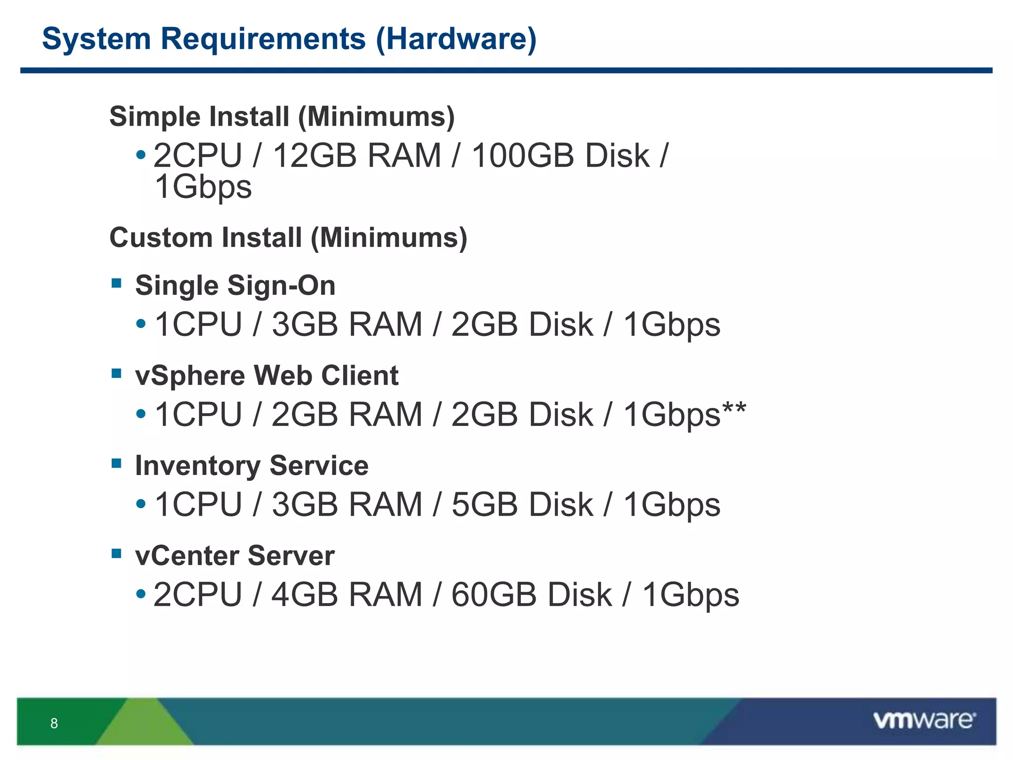 8
System Requirements (Hardware)
Simple Install (Minimums)
• 2CPU / 12GB RAM / 100GB Disk /
1Gbps
Custom Install (Minimums)
 Single Sign-On
• 1CPU / 3GB RAM / 2GB Disk / 1Gbps
 vSphere Web Client
• 1CPU / 2GB RAM / 2GB Disk / 1Gbps**
 Inventory Service
• 1CPU / 3GB RAM / 5GB Disk / 1Gbps
 vCenter Server
• 2CPU / 4GB RAM / 60GB Disk / 1Gbps
 