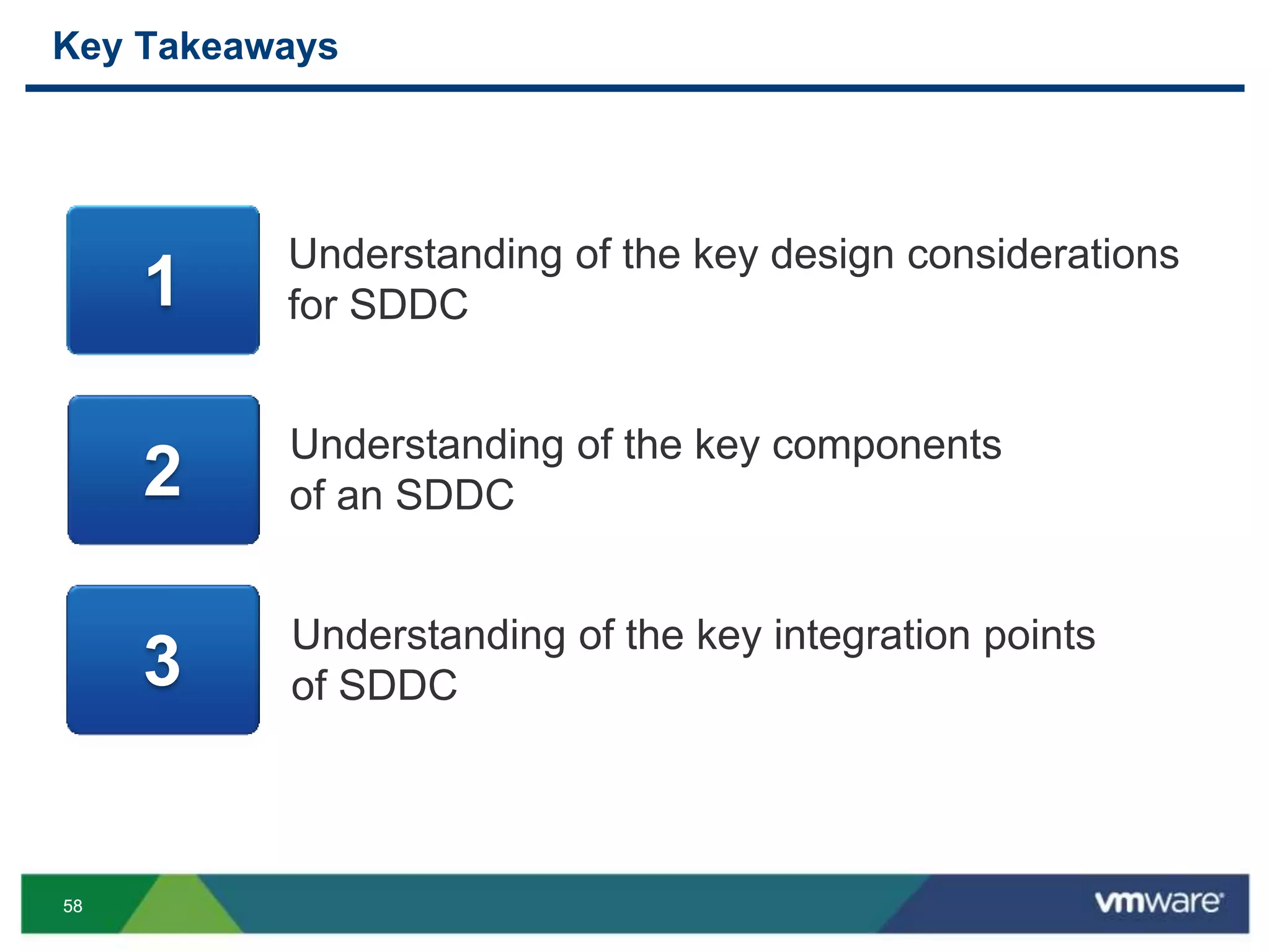 5858
Key Takeaways
3
2
1
Understanding of the key design considerations
for SDDC
Understanding of the key components
of an SDDC
Understanding of the key integration points
of SDDC
 
