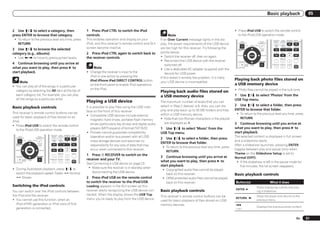 Basic playback                             05


2 Use i/j to select a category, then                                               1 Press iPod CTRL to switch the iPod                                                                          ! Press iPod USB to switch the remote control
press ENTER to browse that category.                                               controls.                                                     Note                                              to the iPod/USB operation mode.
 ! To return to the previous level any time, press                                 This enables operation and display on your               If an Over Current message lights in the dis-                                                     AUTO/ALC PGM MEMORY MENU
                                                                                                                                                                                                     AUDIO                     VIDEO           DIRECT STEREO STANDARD ADV SURR
   RETURN.                                                                         iPod, and this receiver’s remote control and GUI         play, the power requirements of the USB device         PARAMETER
                                                                                                                                                                                                              LIST
                                                                                                                                                                                                                             PARAMETER
                                                                                                                                                                                                                     TUNE TOOLS
                                                                                                                                                                                                                                                HDD         DVD


3 Use i/j to browse the selected                                                   screen become inactive.                                  are too high for this receiver. Try following the      TOP MENU                       T.EDIT
                                                                                                                                                                                                                                                THX         PHASE CTRL       STATUS

                                                                                                                                                                                                   BAND                           GUIDE

category (e.g., albums).                                                           2 Press iPod CTRL again to switch back to                points below:                                                                                      TV / DTV    MPX       PQLS


 ! Use k/l to move to previous/next levels.                                        the receiver controls.                                   ! Switch the receiver off, then on again.              PRESET            ENTER         PRESET

                                                                                                                                                                                                                                                          HDMI OUT           AUDIO
                                                                                                                                            ! Reconnect the USB device with the receiver           CATEGORY                    RETURN             1          2        3
4 Continue browsing until you arrive at                                                                                                         switched off.                                               HOME
                                                                                                                                                                                                                     TUNE
                                                                                                                                                                                                                                              SIGNAL SEL MCACC       SLEEP    INFO
                                                                                                                                                                                                            MENU
what you want to play, then press d to                                                  Note                                                ! Use a dedicated AC adapter (supplied with the
                                                                                                                                                                                                   iPod CTRL
                                                                                                                                                                                                                                                  4          5        6       DISP



start playback.                                                                    ! Change the receiver’s input to the                         device) for USB power.
                                                                                     iPod in one action by pressing the                     If this doesn’t remedy the problem, it is likely
                                                                                     iPod iPhone iPad DIRECT CONTROL button                                                                      Playing back photo files stored on
       Note                                                                                                                                 your USB device is incompatible.
                                                                                     on the front panel to enable iPod operations                                                                a USB memory device
! You can play all of the songs in a particular
                                                                                     on the iPod.                                                                                                ! Photo files cannot be played in the sub zone.
  category by selecting the All item at the top of                                                                                          Playing back audio files stored on
  each category list. For example, you can play                                                                                             a USB memory device                                  1 Use i/j to select ‘Photos’ from the
  all the songs by a particular artist.                                                                                                                                                          USB Top menu.
                                                                                   Playing a USB device                                     The maximum number of levels that you can
                                                                                                                                            select in Step 2 (below) is 8. Also, you can dis-    2 Use i/j to select a folder, then press
Basic playback controls                                                            It is possible to play files using the USB inter-
                                                                                   face on the front of this receiver.                      play and play back up to 30 000 folders and files    ENTER to browse that folder.
This receiver’s remote control buttons can be                                                                                               within a USB memory device.                           ! To return to the previous level any time, press
used for basic playback of files stored on an                                      ! Compatible USB devices include external
                                                                                                                                            ! Note that non-Roman characters in the playlist        RETURN.
iPod.                                                                                  magnetic hard drives, portable flash memory
                                                                                       drives (particularly key drives) and digital audio      are displayed as #.                               3 Continue browsing until you arrive at
! Press iPod USB to switch the remote control
                                                                                       players (MP3 players) of format FAT16/32.            1 Use i/j to select ‘Music’ from the                 what you want to play, then press d to
  to the iPod/USB operation mode.
                                                                                   ! Pioneer cannot guarantee compatibility                 USB Top menu.                                        start playback.
    AUDIO                     VIDEO
                                           AUTO/ALC PGM MEMORY MENU
                                            DIRECT STEREO STANDARD ADV SURR            (operation and/or bus power) with all USB                                                                 The selected content is displayed in full screen
  PARAMETER                 PARAMETER
                                             HDD         DVD                                                                                2 Use i/j to select a folder, then press
             LIST   TUNE TOOLS
                                                                                       mass storage devices and assumes no                                                                       and a slideshow starts.
                                             THX         PHASE CTRL       STATUS
                                                                                                                                            ENTER to browse that folder.
  TOP MENU                       T.EDIT
                                                                                       responsibility for any loss of data that may                                                              After a slideshow launches, pressing ENTER
                                                                                                                                             ! To return to the previous level any time, press
  BAND                           GUIDE

                                                                                                                                                                                                 toggles between play and pause (only when
                                            TV / DTV    MPX       PQLS
                                                                                       occur when connected to this receiver.
  PRESET            ENTER         PRESET
                                                                                                                                               RETURN.
                                                       HDMI OUT           AUDIO
                                                                                   1 Press u RECEIVER to switch on the                                                                           Theme on the Slideshow Setup is set to
  CATEGORY                   RETURN            1          2        3
                                                                                                                                            3 Continue browsing until you arrive at              Normal (OFF)).
           HOME                            SIGNAL SEL MCACC       SLEEP    INFO    receiver and your TV.
           MENU     TUNE
                                               4          5        6       DISP                                                             what you want to play, then press d to                ! If the slideshow is left in the pause mode for
  iPod CTRL
                                                                                   See Connecting a USB device on page 23 .
                                                                                                                                            start playback.                                          five minutes, the list screen reappears.
! During Audiobook playback, press i/j to                                           ! Make sure the receiver is in standby when
                                                                                                                                             ! Copyrighted audio files cannot be played
  switch the playback speed: Faster f Normal                                          disconnecting the USB device.
                                                                                                                                               back on this receiver.                            Basic playback controls
  f Slower.                                                                        2 Press iPod USB on the remote control                    ! DRM-protected audio files cannot be played
                                                                                   to switch the receiver to the iPod/USB.                     back on this receiver.                            Button(s)                                   What it does
Switching the iPod controls                                                        Loading appears in the GUI screen as this                                                                                                 Starts displaying a photo and play-
                                                                                   receiver starts recognizing the USB device con-                                                               ENTER, d
You can switch over the iPod controls between                                                                                               Basic playback controls                                                          ing a slideshow.
the iPod and the receiver.                                                         nected. When the display shows the USB Top               This receiver’s remote control buttons can be                                    Stops the player and returns to the
                                                                                   menu you’re ready to play from the USB device.                                                                RETURN, k
! You cannot use this function, when an                                                                                                     used for basic playback of files stored on USB                                   previous menu.
  iPod of fifth generation or iPod nano of first                                                                                            memory devices.                                      o
                                                                                                                                                                                                                             Displays the previous photo content.
  generation is connected.                                                                                                                                                                       <a>


                                                                                                                                                                                                                                                                                En    31
 