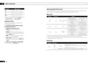05        Basic playback


      Button(s)                 What it does             About playable file formats
      p
                      Displays the next photo content.   The USB function of this receiver supports the following file formats. Note that some file formats
      <a>
                                                         are not available for playback although they are listed as playable file formats.
      e
                      Pauses/unpauses the slideshow.
      <a>
                                                         Music files
      DISP
                      Displays the photo information.
      <a>                                                  Category        Extension                                          Stream
      a You can only use this button when Theme on the                                                               Sampling frequency               8 kHz to 48 kHz
        Slideshow Setup is set to Normal (OFF).
                                                                                                                     Quantization bitrate                   16 bit
                                                              MP3                          MPEG-1, 2, 2.5 Audio
                                                                                .mp3                                       Channel                          2 ch
      Slideshow Setup                                         <a>                               Layer-3
                                                                                                                            Bitrate                  8 kbps to 320 kbps
      Make the various settings for playing slide-
                                                                                                                          VBR/CBR                  Supported/Supported
      shows of photo files here.
                                                                                                                     Sampling frequency           32 kHz, 44.1 kHz, 48 kHz
      1 Use i/j to select ‘Slideshow Setup’
                                                              WAV                .wav             LPCM               Quantization bitrate                8 bit, 16 bit
      from the USB Top menu.
                                                                                                                           Channel                    2 ch, Monaural
      2   Select the setting you want.
       ! Theme – Add various effects to the                                                                          Sampling frequency               8 kHz to 48 kHz
         slideshow.                                                                                                  Quantization bitrate                   16 bit
                                                                                                WMA8/9
       ! Interval – Set the interval for switching the        WMA               .wma                                       Channel                          2 ch
                                                                                                 <b>
         photos. This may not be available depending                                                                        Bitrate                  8 kbps to 320 kbps
         on the Theme setting.                                                                                            VBR/CBR                  Supported/Supported
       ! BGM – Play music files stored on the USB
                                                         a “MPEG Layer-3 audio decoding technology licensed from Fraunhofer IIS and Thomson multimedia.”
         device while displaying photos.
                                                         b Files encoded using Windows Media Codec 9 may be playable but some parts of the specification are not sup-
       ! Music Select – Select the folder containing       ported; specifically, Pro, Lossless, Voice.
         the music files to be played when BGM is set
         to ON.                                          Photo files
      3   When you’re finished, press RETURN.
      You will return to the USB Top menu.                Category      Extension
                                                                            .jpg                         Meeting the following conditions:
                                                                           .jpeg                         ! Baseline JPEG format (including files recorded in Exif/DCF
                                                                                           Format
                                                             JPEG           .jpe                           format)
                                                                              .jif                       ! Y:Cb:Cr - 4:4:4, 4:2:2 or 4:2:0
                                                                             .jfif       Resolution      30 to 8184 pixels vertical, 40 to 8184 pixels horizontal




 32       En
 