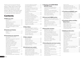 Thank you for buying this Pioneer                                               Connecting additional amplifiers................ 20                 07 Playback with HOME MEDIA                                                   Direct function .............................................. 57
                                                                                    Connecting AM/FM antennas ..................... 21                     GALLERY inputs                                                             Setting the backlight mode ......................... 58
    product. Please read through these
                                                                                    MULTI-ZONE setup ....................................... 21            Enjoying the Home Media Gallery............... 41                          Multi Operation and System Off.................. 58
    operating instructions so you will                                              Connecting a SiriusConnect Tuner............. 22                                                                                                  Resetting the remote control settings ........ 59
                                                                                                                                                           Features of Home Media Gallery ................. 41
    know how to operate your model                                                  Connecting to the network through                                      Introduction................................................... 41         Controlling components .............................. 59
    properly. After you have finished read-                                         LAN interface ................................................ 22      Playback with Home Media Gallery ............ 42
                                                                                    Connecting optional Bluetooth                                                                                                                  11 The Advanced MCACC menu
    ing the instructions, put them away                                                                                                                    Advanced operations for Internet radio ...... 43
                                                                                    ADAPTER ...................................................... 22      Checking about the Accounts ..................... 43                       Making receiver settings from the
    in a safe place for future reference.                                           Connecting an iPod ...................................... 23           About network playback............................... 44                   Advanced MCACC menu ............................. 62
                                                                                    Connecting a USB device ............................ 23                About playable file formats .......................... 45                  Automatic MCACC (Expert) ......................... 62
    Contents                                                                        Connecting an HDMI-equipped
                                                                                    component to the front panel input ............ 23
                                                                                                                                                                                                                                      Manual MCACC setup ................................. 64
                                                                                                                                                                                                                                      Checking MCACC Data................................ 66
                                                                                                                                                        08 Control with HDMI function
                                                                                    Connecting to a wireless LAN ..................... 23                                                                                             Data Management........................................ 67
    01 Before you start                                                                                                                                    About the Control with HDMI function....... 47
                                                                                    Connecting an IR receiver ........................... 23
       Our philosophy................................................ 6                                                                                    Making Control with HDMI connections.... 47
                                                                                    Operating other Pioneer components
       Features ........................................................... 6                                                                              HDMI Setup................................................... 47        12 The System Setup and Other
                                                                                    with this unit’s sensor .................................. 24
       Checking what’s in the box ............................ 6                    Switching components on and off
                                                                                                                                                           Before using synchronization...................... 48                      Setup menus
       Installing the receiver ..................................... 6                                                                                     About synchronized operations .................. 48                        Making receiver settings from the
                                                                                    using the 12 volt trigger................................ 24
       Loading the batteries...................................... 6                                                                                       Setting the PQLS function ........................... 48                   System Setup menu ..................................... 69
                                                                                    Plugging in the receiver ............................... 25
       Operating range of remote control unit........ 7                                                                                                    Cautions on the Control with HDMI                                          Manual speaker setup.................................. 69
       About using AVNavigator (included                                                                                                                   function ......................................................... 49      Network Setup menu ................................... 71
                                                                                 04 Basic Setup                                                                                                                                       Checking the Network Information............. 73
       CD-ROM) ......................................................... 7
                                                                                    Switching the speaker impedance ............. 26
                                                                                                                                                        09 Using other functions                                                      The Other Setup menu ................................. 73
                                                                                    Changing the OSD display language
    02 Controls and displays                                                                                                                               Setting the Audio options ............................ 50
                                                                                    (OSD Language) ........................................... 26
       Remote control ............................................... 8             Automatically conducting optimum
                                                                                                                                                           Setting the Video options ............................. 52              13 Additional information
       Display ............................................................. 9                                                                             Switching the speaker terminals ................ 53                        Troubleshooting 1 ......................................... 76
                                                                                    sound tuning (Full Auto MCACC) ............... 26
       Front panel .................................................... 10                                                                                 Using the MULTI-ZONE controls ................. 53                         Troubleshooting 2 ......................................... 82
                                                                                    The Input Setup menu.................................. 28
                                                                                                                                                           Making an audio or a video recording ........ 54                           Troubleshooting of wireless LAN ................ 85
                                                                                    Operation Mode Setup ................................. 28
                                                                                                                                                           Reducing the level of an analog signal....... 54                           About status messages ............................... 86
    03 Connecting your equipment
                                                                                                                                                           Using the sleep timer ................................... 54               Speaker Setting Guide.................................. 86
       Connecting your equipment ........................ 11                     05 Basic playback                                                         Dimming the display .................................... 54                Important information regarding the
       Rear panel ..................................................... 11          Playing a source ........................................... 30        Switching the HDMI output ......................... 54                     HDMI connection ......................................... 87
       Determining the speakers’ application ...... 12                              Playing an iPod ............................................. 30       Checking your system settings ................... 55                       Cleaning the unit .......................................... 87
       Placing the speakers .................................... 13                 Playing a USB device ................................... 31            Resetting the system .................................... 55               Surround sound formats ............................. 88
       Connecting the speakers ............................. 13                     Listening to the radio.................................... 33
       Installing your speaker system .................... 14                                                                                                                                                                         About THX ..................................................... 88
                                                                                    Listening to Satellite Radio .......................... 33
       Selecting the Speaker system ..................... 15                                                                                            10 Controlling the rest of your system                                        About iPod..................................................... 89
                                                                                    Bluetooth ADAPTER for Wireless                                                                                                                    About SIRIUS ................................................ 89
       About the audio connection ........................ 16                                                                                              About the Remote Setup menu................... 56
                                                                                    Enjoyment of Music...................................... 35                                                                                       About FLAC ................................................... 89
       About the video converter ............................ 16                                                                                           Operating multiple receivers ....................... 56
       About HDMI .................................................. 16                                                                                    Setting the remote to control other                                        Auto Surround, ALC and Stream Direct
                                                                                 06 Listening to your system                                               components .................................................. 56           with different input signal formats .............. 90
       Connecting your TV and playback
                                                                                    Enjoying various types of playback                                     Selecting preset codes directly ................... 56                     Glossary ......................................................... 91
       components .................................................. 17
                                                                                    using the listening modes ........................... 37               Programming signals from other                                             Features index ............................................... 94
       Connecting an HDD/DVD recorder, BD
                                                                                    Selecting MCACC presets ........................... 39                 remote controls............................................. 57            Specifications ............................................... 95
       recorder and other video sources ............... 19
                                                                                    Choosing the input signal ............................ 39              Erasing one of the remote control                                          Preset code list.............................................. 96
       Connecting a satellite/cable receiver or
                                                                                    Better sound using Phase Control.............. 39                      button settings .............................................. 57
       other set-top box ........................................... 19
                                                                                    Better sound using Phase Control and                                   Erasing all learnt settings that are in
       Connecting other audio components......... 20
                                                                                    Full Band Phase Control .............................. 39              one input function ........................................ 57
4     En
 