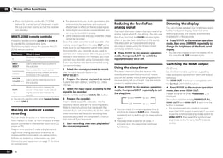09      Using other functions


       ! If you don’t plan to use the MULTI-ZONE              ! The receiver’s volume, Audio parameters (the
         feature for a while, turn off the power in both          tone controls, for example), and surround        Reducing the level of an                            Dimming the display
         the sub and main rooms so that this receiver             effects have no effect on the recorded signal.   analog signal                                       You can choose between four brightness levels
         is in standby.                                       ! Some digital sources are copy-protected, and                                                           for the front panel display. Note that when
                                                                                                                   The input attenuator lowers the input level of an
                                                                  can only be recorded in analog.                                                                      selecting sources, the display automatically
                                                                                                                   analog signal when it’s too strong. You can use
      MULTI-ZONE remote controls                              ! Some video sources are copy-protected. These                                                           brightens for a few seconds.
                                                                                                                   this if you find that the OVER indicator lights
                                                                  cannot be recorded.
      Press the remote control’s ZONE 2 or ZONE 3                                                                  often or you can hear distortion in the sound.      % Press         to the receiver operation
                                                              Since the video converter is not available when
      to operate the corresponding zone.                                                                           The attenuator isn’t available with digital         mode, then press DIMMER repeatedly to
                                                              making recordings (from the video OUT jacks)
      The following table shows the possible MULTI-                                                                sources, or when using the Stream Direct            change the brightness of the front panel
                                                              make sure to use the same type of video cable
      ZONE remote controls:                                                                                        (ANALOG DIRECT) modes.                              display.
                                                              for connecting your recorder as you used to
                                                                                                                   % Press         to the receiver operation           ! You can also choose to turn the display off. In
      Button(s)        What it does                           connect your video source (the one you want to
                                                                                                                   mode, then press A.ATT to switch the                  this case, the FL OFF indicator lights.
                       Switches on/off power in the sub       record) to this receiver. For example, you must
      u                                                       connect your recorder using Component video          input attenuator on or off.
                       zone.
                                                              if your source has also been connected using
      INPUT            Use to select the input function in
                                                              Component video.
                                                                                                                                                                       Switching the HDMI output
      SELECT           the sub zone.
                                                                                                                   Using the sleep timer                               VSX-53 only
                       Use to select the input function       1   Select the source you want to record.
      Input function                                                                                               The sleep timer switches the receiver into          Set which terminal to use when outputting
                       directly (this may not work for some   Use the input function buttons (or
      buttons                                                                                                      standby after a specified amount of time so
                       functions) in the sub zone.            INPUT SELECT).                                                                                           video and audio signals from the HDMI output
      MASTER
                                                                                                                   you can fall asleep without worrying about the      terminals.
                       Use to set the listening volume in     2   Prepare the source you want to record.
      VOLUME +/–                                                                                                   receiver being left on all night. Use the remote    The HDMI OUT 1 terminal is compatible with
                       the sub zone.                          Tune to the radio station, load the CD, video,
      <a>                                                                                                          control to set the sleep timer.                     the Control with HDMI function.
                                                              DVD etc.
                       Mutes the sound or restores the                                                             % Press         to the receiver operation           % Press        to the receiver operation
                       sound if it has been muted (adjust-    3 Select the input signal according to the
      MUTE                                                                                                         mode, then press SLEEP repeatedly to set            mode, then press HDMI OUT.
      <a>              ing the volume also restores the       signal to be recorded.
                                                                                                                   the sleep time.                                     Please wait a while when Please wait ... is
                       sound).                                Use the remote control’s SIGNAL SEL button.
                                                                                                                                                                       displayed.
      a You can only use this button when Speaker System      4   Prepare the recorder.                                         30 min          60 min
                                                                                                                                                                       The output switches among HDMI OUT ALL,
        is set to ZONE 2.                                     Insert a blank tape, MD, video etc. into the                                                             HDMI OUT 1 and HDMI OUT 2 each time the
                                                              recording device and set the recording levels.                      Off           90 min
                                                                                                                                                                       button is pressed.
                                                              Refer to the instructions that came with the                                                             ! The synchronized amp mode is canceled
      Making an audio or a video                                                                                   ! You can check the remaining sleep time at
                                                              recorder if you are unsure how to do this. Most                                                             when the HDMI output is switched. If you wish
                                                                                                                     any time by pressing SLEEP once. Pressing
      recording                                               video recorders set the audio recording level
                                                                                                                     repeatedly will cycle through the sleep options      to use the synchronized amp mode, switch to
      You can make an audio or a video recording              automatically-check the component’s instruc-                                                                HDMI OUT 1, then select the synchronized
                                                                                                                     again.
      from the built-in tuner, or from an audio or video      tion manual if you’re unsure.                                                                               amp mode on the TV using the TV’s remote
                                                                                                                   ! The sleep timer is valid for all zones. If
      source connected to the receiver (such as a CD          5 Start recording, then start playback of              any zone is on, the sleep timer continues            control.
      player or TV).                                          the source component.                                  functioning.
      Keep in mind you can’t make a digital record-
      ing from an analog source or vice-versa, so
      make sure the components you are recording
      to/from are hooked up in the same way (see
      Connecting your equipment on page 11 for more
      on connections).


 54       En
 