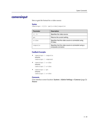 System Commands




camerainput
              Sets or gets the format for a video source.

              Syntax
              camerainput <1|2|3> <get|s-video|composite>


               Parameter                 Description

               <1..3>                    Specifies the video source.

               get                       Returns the current setting.

               s-video                   Specifies that the video source is connected using
                                         S-Video.

               composite                 Specifies that the video source is connected using a
                                         composite connector.


              Feedback Examples

              •   camerainput 1 composite
                  returns
                  camerainput 1 component

              •   camerainput 2 s-video
                  returns
                  camerainput 2 s-video

              •   camerainput 2 get
                  returns
                  camerainput 2 s-video

              Comments
              User interface screen location: System > Admin Settings > Cameras (page 2):
              Source




                                                                                              4 - 45
 