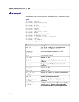Integrator’s Reference Manual for the VSX Series




chaircontrol
                                     Sends various chair control commands while the system is in a multipoint call.

                                     Syntax
                                     chaircontrol   end_conf
                                     chaircontrol   hangup_term “term_no”
                                     chaircontrol   list
                                     chaircontrol   rel_chair
                                     chaircontrol   <register|unregister>
                                     chaircontrol   req_chair
                                     chaircontrol   req_floor
                                     chaircontrol   req_term_name “term_no”
                                     chaircontrol   req_vas
                                     chaircontrol   set_broadcaster “term_no”
                                     chaircontrol   set_password “string”
                                     chaircontrol   set_term_name “term_no” “term_name”
                                     chaircontrol   stop_view
                                     chaircontrol   view “term_no”
                                     chaircontrol   view_broadcaster


                                      Parameter                Description

                                      end_conf                 Ends the call and returns the same feedback as
                                                               hangup_term for each site in the call.

                                      hangup_term              Disconnects the specified site from the call.
                                      “term_no”

                                      list                     Lists the sites in the call.

                                      rel_chair                Releases the chair.

                                      register                 Registers to receive feedback on all chair control
                                                               operations.

                                      unregister               Unregisters (stops feedback on all chair control
                                                               operations).

                                      req_chair                Requests the chair.

                                      req_floor                Requests the floor.

                                      req_term_name            Requests the name for the specified terminal number.
                                      “term_no”

                                      req_vas                  Requests voice-activated switching.

                                      set_broadcaster          Requests the specified terminal to become the
                                      “term_no”                broadcaster.

                                      set_password             Sets the chaircontrol password. This password is the
                                      “string”                 Meeting Password (System > Admin Settings >
                                                               General Settings > Security: Meeting Password).




4 - 46
 