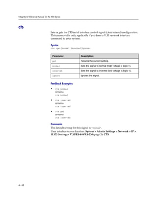 Integrator’s Reference Manual for the VSX Series




cts
                                     Sets or gets the CTS serial interface control signal (clear to send) configuration.
                                     This command is only applicable if you have a V.35 network interface
                                     connected to your system.

                                     Syntax
                                     cts <get|normal|inverted|ignore>


                                      Parameter                  Description

                                      get                        Returns the current setting.

                                      normal                     Sets the signal to normal (high voltage is logic 1).

                                      inverted                   Sets the signal to inverted (low voltage is logic 1).

                                      ignore                     Ignores the signal.


                                     Feedback Examples

                                     •    cts normal
                                          returns
                                          cts normal

                                     •    cts inverted
                                          returns
                                          cts inverted

                                     •    cts get
                                          returns
                                          cts inverted

                                     Comments
                                     The default setting for this signal is “normal”.
                                     User interface screen location: System > Admin Settings > Network > IP >
                                     H.323 Settings> V.35/RS-449/RS-530 (page 3): CTS




4 - 62
 