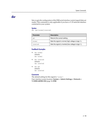 System Commands




dsr
      Sets or gets the configuration of the DSR serial interface control signal (data set
      ready). This command is only applicable if you have a V.35 network interface
      connected to your system.

      Syntax
      dsr <get|normal|inverted>


       Parameter                  Description

       get                        Returns the current setting.

       normal                     Sets the signal to normal (high voltage is logic 1).

       inverted                   Sets the signal to inverted (low voltage is logic 1).


      Feedback Examples

      •   dsr normal
          returns
          dsr normal

      •   dsr inverted
          returns
          dsr inverted

      •   dsr get
          returns
          dsr inverted

      Comments
      The default setting for this signal is “normal”.
      User interface screen location: System > Admin Settings > Network >
      V.35/RS-449/RS-530 (page 3): DSR




                                                                                          4 - 83
 
