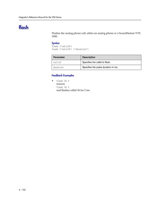 Integrator’s Reference Manual for the VSX Series




flash
                                     Flashes the analog phone call, either an analog phone or a SoundStation VTX
                                     1000.

                                     Syntax
                                     flash [“callid”]
                                     flash [“callid”] [“duration”]


                                      Parameter                  Description

                                      callid                     Specifies the callid to flash.

                                      duration                   Specifies the pulse duration in ms.


                                     Feedback Examples

                                     •    flash 34 5
                                          returns
                                          flash 34 5
                                          and flashes callid 34 for 5 ms




4 - 102
 