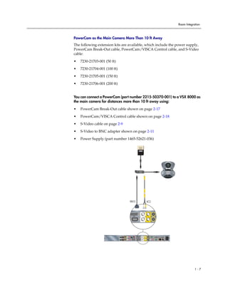 Room Integration



PowerCam as the Main Camera More Than 10 ft Away
The following extension kits are available, which include the power supply,
PowerCam Break-Out cable, PowerCam/VISCA Control cable, and S-Video
cable:

•   7230-21703-001 (50 ft)

•   7230-21704-001 (100 ft)
•   7230-21705-001 (150 ft)

•   7230-21706-001 (200 ft)


You can connect a PowerCam (part number 2215-50370-001) to a VSX 8000 as
the main camera for distances more than 10 ft away using:

•   PowerCam Break-Out cable shown on page 2-17

•   PowerCam/VISCA Control cable shown on page 2-18

•   S-Video cable on page 2-9

•   S-Video to BNC adapter shown on page 2-11

•   Power Supply (part number 1465-52621-036)




                                               1                            1




                                                   1                    1                 2




                                                   2




                                                                                                          90-250VAC 50/60Hz 4A
                                          IR




                                  3                                                       PC CARD
                                                                1   1       2       VGA
                                VCR/DVD


                                                                                2
                                                       IOIOIO
                                               1                2                             VGA   LAN




                                                                                                                                             1-7
 