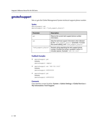 Integrator’s Reference Manual for the VSX Series




gmstechsupport
                                     Sets or gets the Global Management System technical support phone number.

                                     Syntax
                                     gmstechsupport get
                                     gmstechsupport set [“tech_support_digits”]


                                      Parameter                Description

                                      get                      Returns the current tech support phone number
                                                               information.

                                      set                      Sets the technical support information when followed
                                                               by the “tech_support_digits” parameter. To erase
                                                               the current setting, omit “tech_support_digits”.

                                      “tech_support_digits”    Numeric string specifying the tech support phone
                                                               number. Enclose the string in quotation marks if it
                                                               includes spaces. Example: “408 555 2323”


                                     Feedback Examples

                                     •    gmstechsupport get
                                          returns
                                          gmstechsupport <empty>

                                     •    gmstechsupport set “408 555 2323”
                                          returns
                                          gmstechsupport 4085552323

                                     •    gmstechsupport get
                                          returns
                                          gmstechsupport 4085552323

                                     Comments
                                     User interface screen location: System > Admin Settings > Global Services >
                                     My Information: Tech Support




4 - 128
 