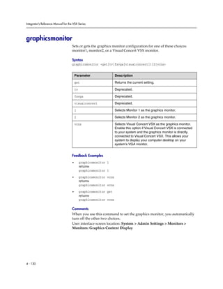 Integrator’s Reference Manual for the VSX Series




graphicsmonitor
                                     Sets or gets the graphics monitor configuration for one of these choices:
                                     monitor1, monitor2, or a Visual Concert VSX monitor.

                                     Syntax
                                     graphicsmonitor <get|tv|fxvga|visualconcert|1|2|vcnx>


                                         Parameter                   Description

                                         get                         Returns the current setting.

                                         tv                          Deprecated.

                                         fxvga                       Deprecated.

                                         visualconcert               Deprecated.

                                         1                           Selects Monitor 1 as the graphics monitor.

                                         2                           Selects Monitor 2 as the graphics monitor.

                                         vcnx                        Selects Visual Concert VSX as the graphics monitor.
                                                                     Enable this option if Visual Concert VSX is connected
                                                                     to your system and the graphics monitor is directly
                                                                     connected to Visual Concert VSX. This allows your
                                                                     system to display your computer desktop on your
                                                                     system’s VGA monitor.


                                     Feedback Examples
                                     •        graphicsmonitor 1
                                              returns
                                              graphicsmonitor 1

                                     •        graphicsmonitor vcnx
                                              returns
                                              graphicsmonitor vcnx

                                     •        graphicsmonitor get
                                              returns
                                              graphicsmonitor vcnx

                                     Comments
                                     When you use this command to set the graphics monitor, you automatically
                                     turn off the other two choices.
                                     User interface screen location: System > Admin Settings > Monitors >
                                     Monitors: Graphics Content Display




4 - 130
 